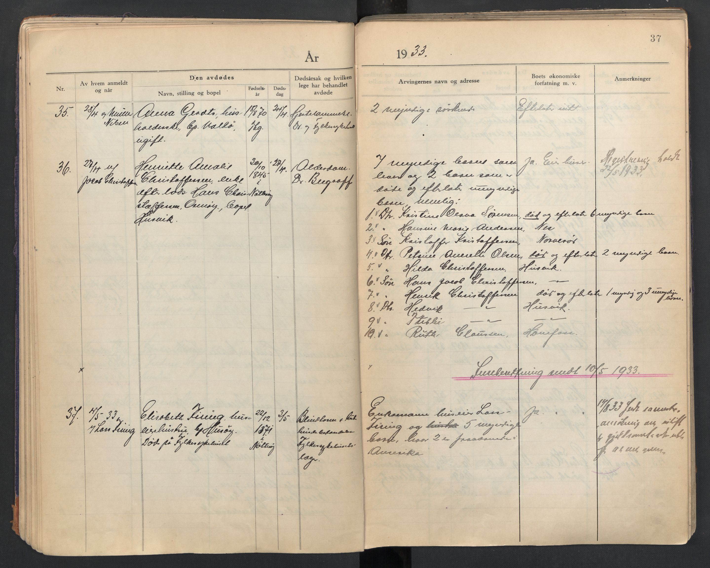 Sem lensmannskontor, AV/SAKO-A-547/H/Ha/L0007: Dødsfallsprotokoll, 1931-1939, p. 37