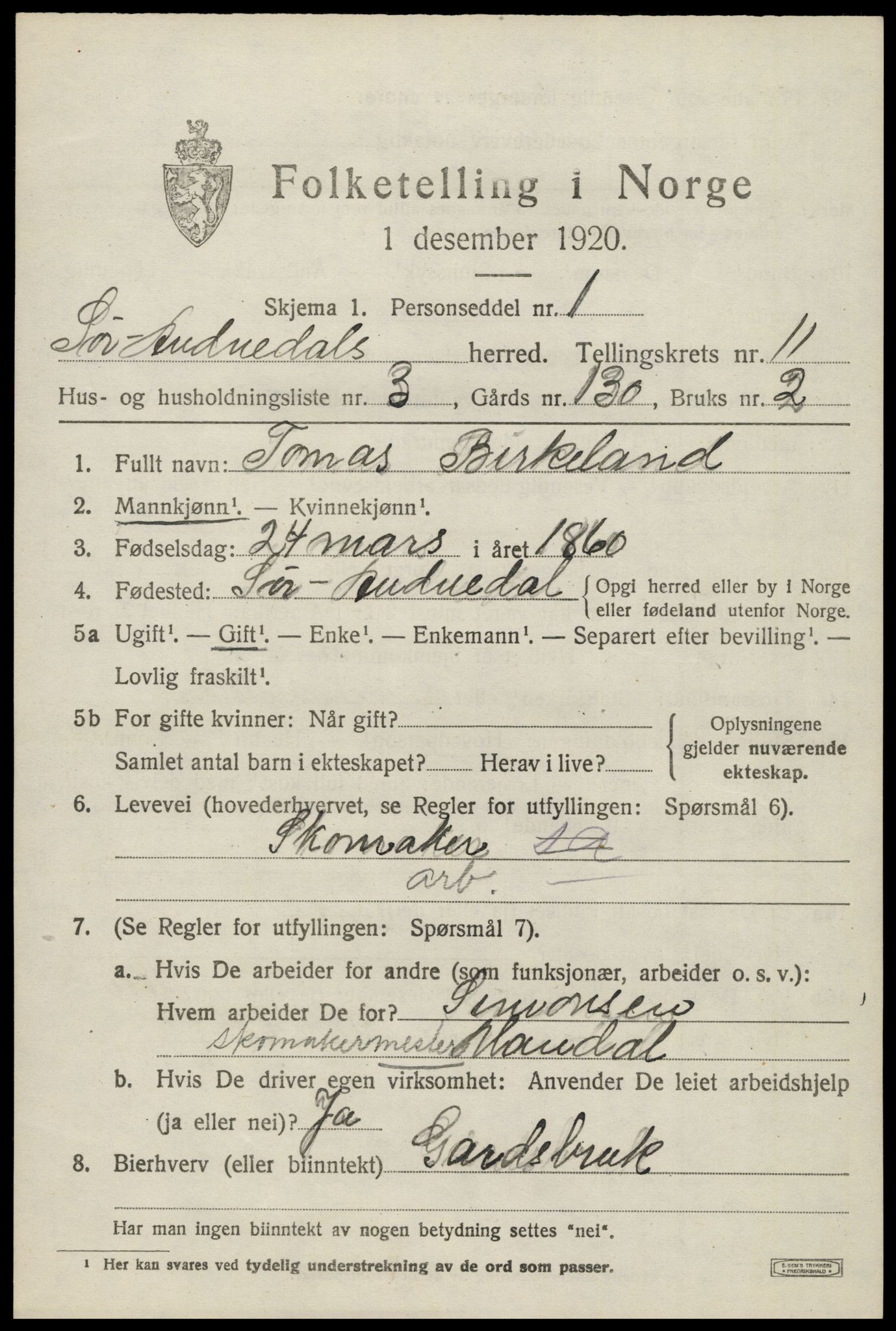 SAK, 1920 census for Sør-Audnedal, 1920, p. 4269