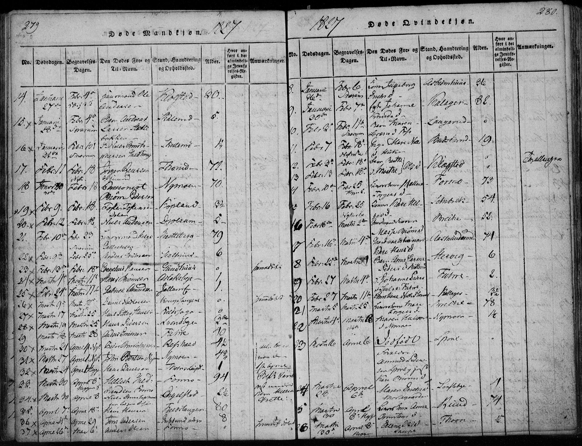 Modum kirkebøker, AV/SAKO-A-234/F/Fa/L0005: Parish register (official) no. 5, 1824-1841, p. 279-280