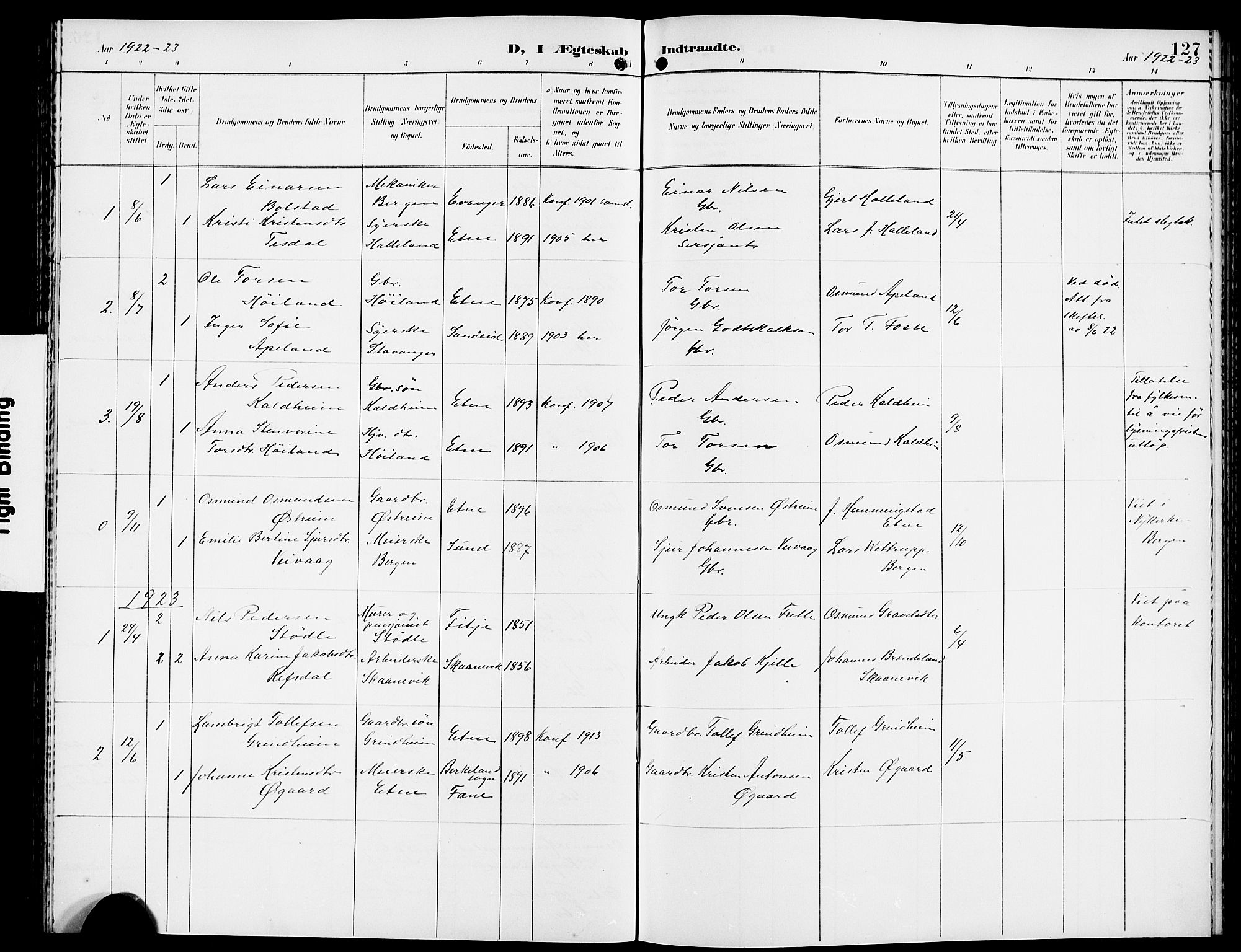 Etne sokneprestembete, SAB/A-75001/H/Hab: Parish register (copy) no. A 6, 1897-1924, p. 127