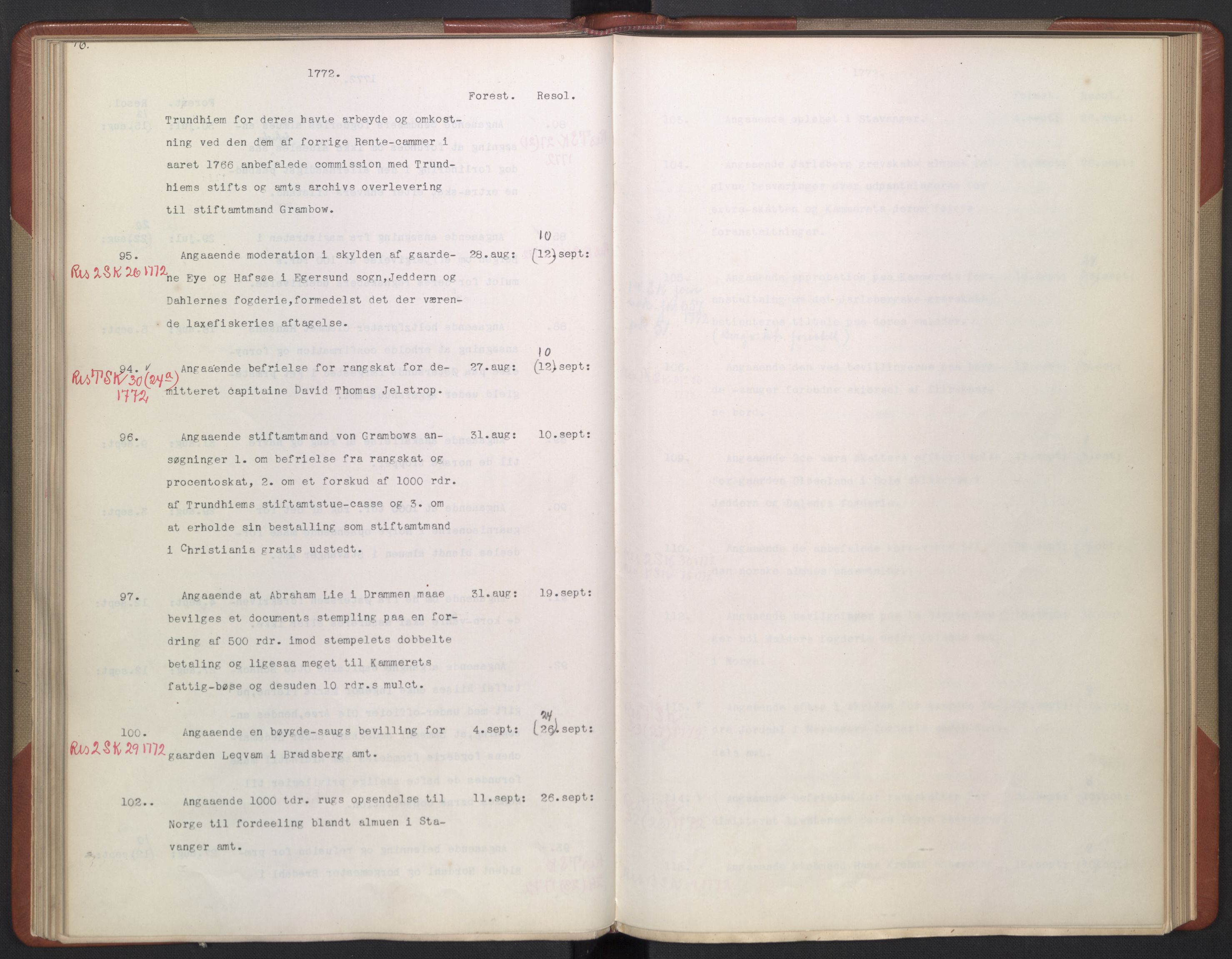 Avskriftsamlingen, AV/RA-EA-4022/F/Fb/L0120: Registratur over norske Relasjons- og resolusjonsprotokoller, 1766-1772, p. 51