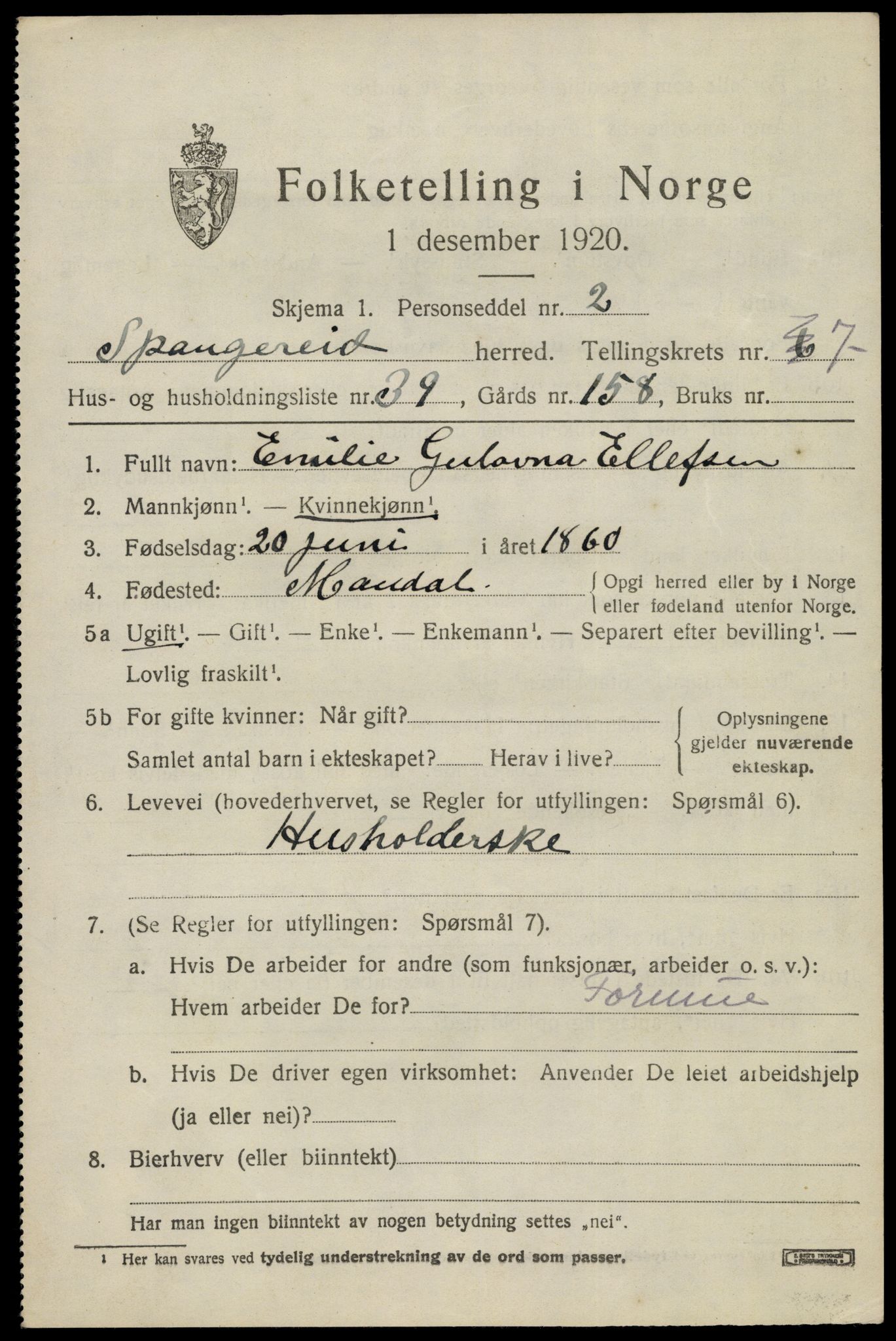 SAK, 1920 census for Spangereid, 1920, p. 2861