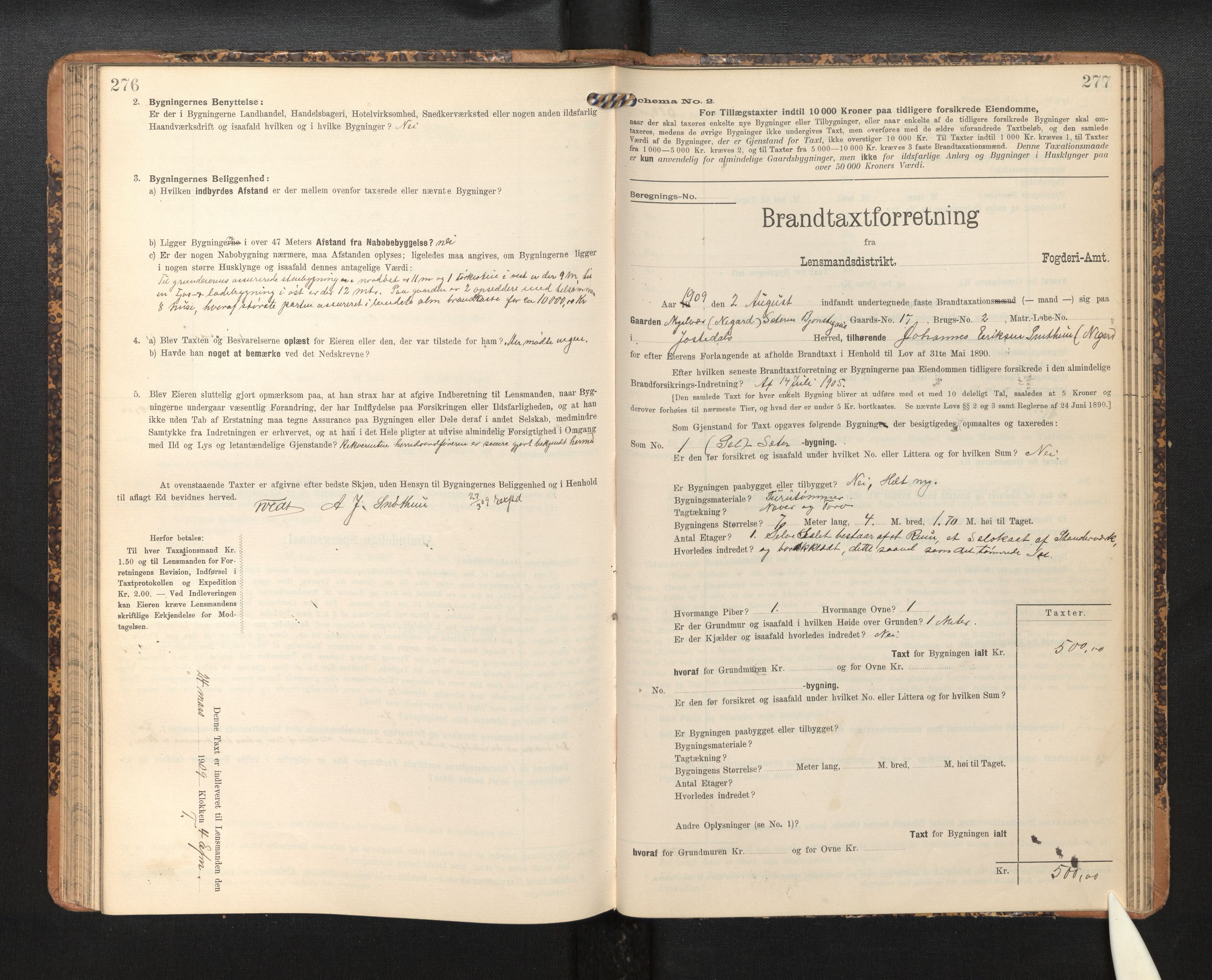 Lensmannen i Jostedal, SAB/A-28601/0012/L0004: Branntakstprotokoll, skjematakst, 1906-1919, p. 276-277