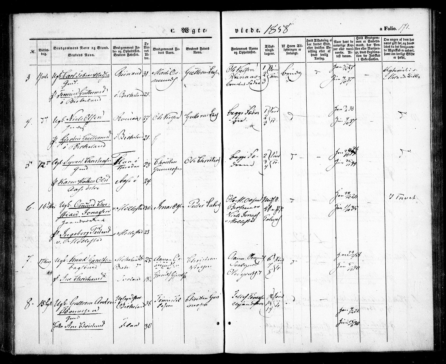 Birkenes sokneprestkontor, AV/SAK-1111-0004/F/Fa/L0003: Parish register (official) no. A 3, 1850-1866, p. 171