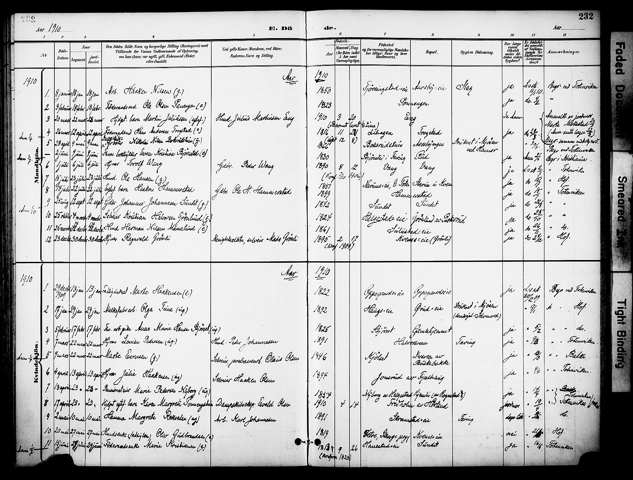 Østre Toten prestekontor, SAH/PREST-104/H/Ha/Haa/L0009: Parish register (official) no. 9, 1897-1913, p. 232