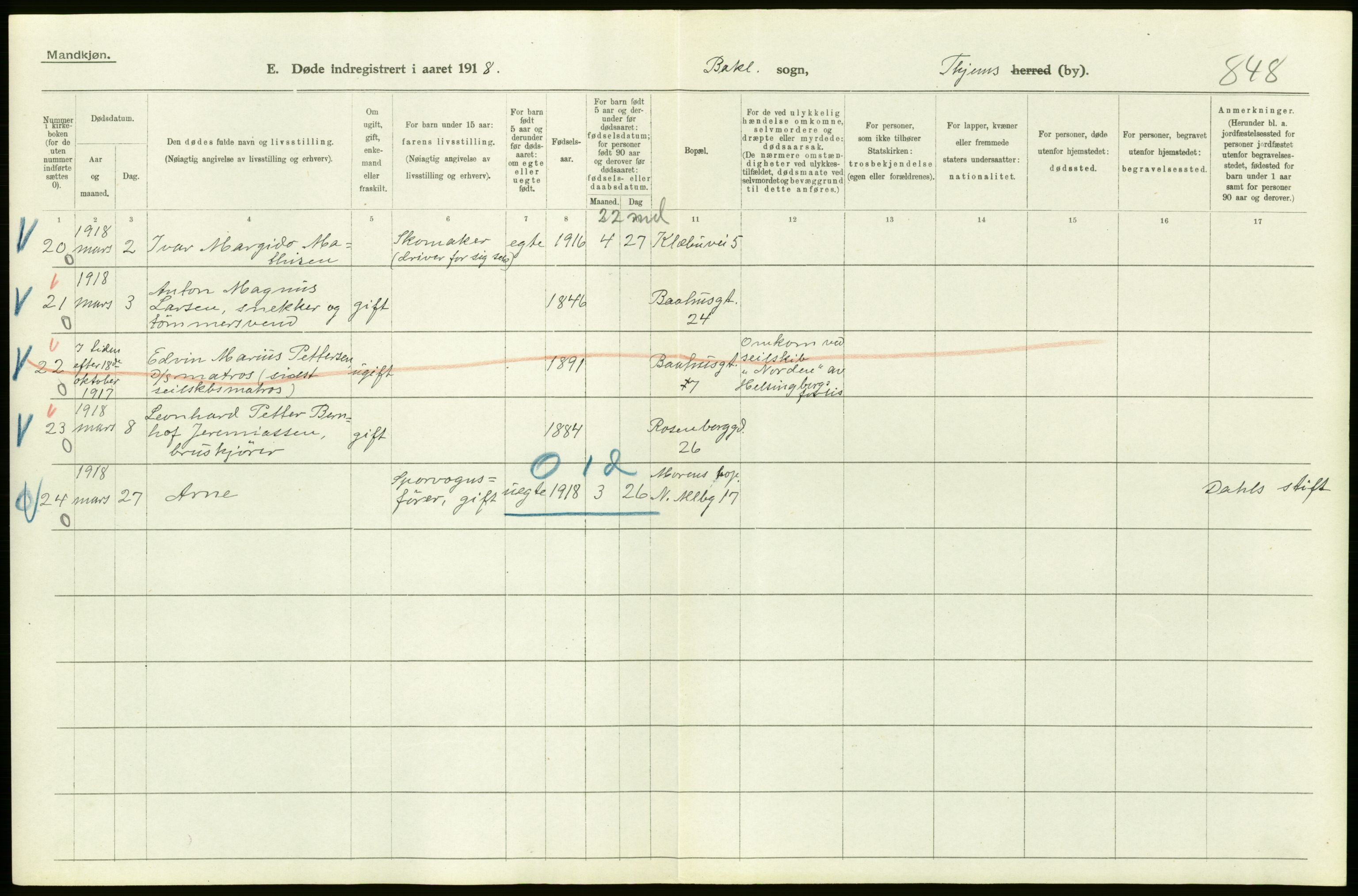 Statistisk sentralbyrå, Sosiodemografiske emner, Befolkning, AV/RA-S-2228/D/Df/Dfb/Dfbh/L0049: Trondheim: Døde, dødfødte., 1918, p. 38