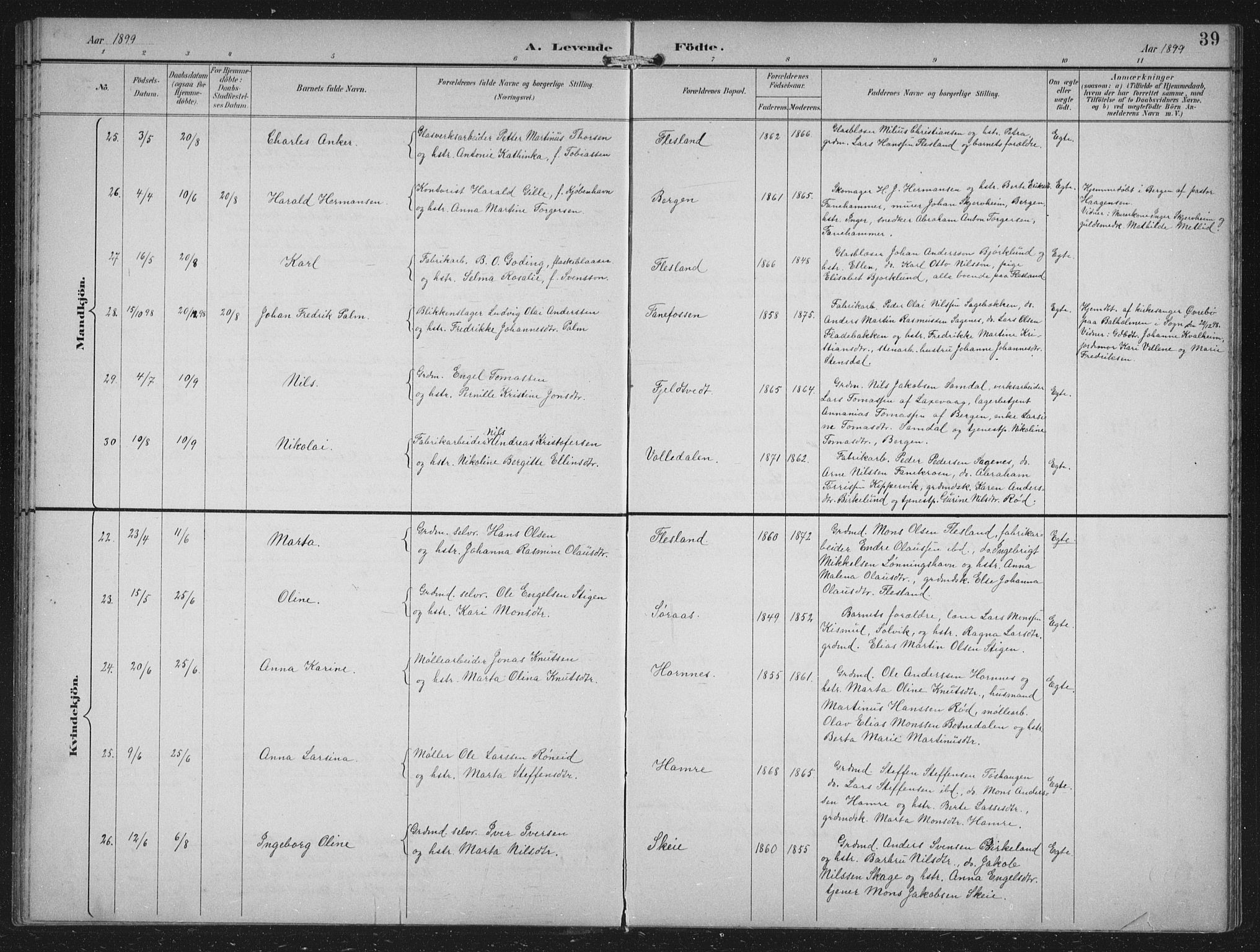 Fana Sokneprestembete, AV/SAB-A-75101/H/Hab/Haba/L0003: Parish register (copy) no. A 3, 1895-1902, p. 39