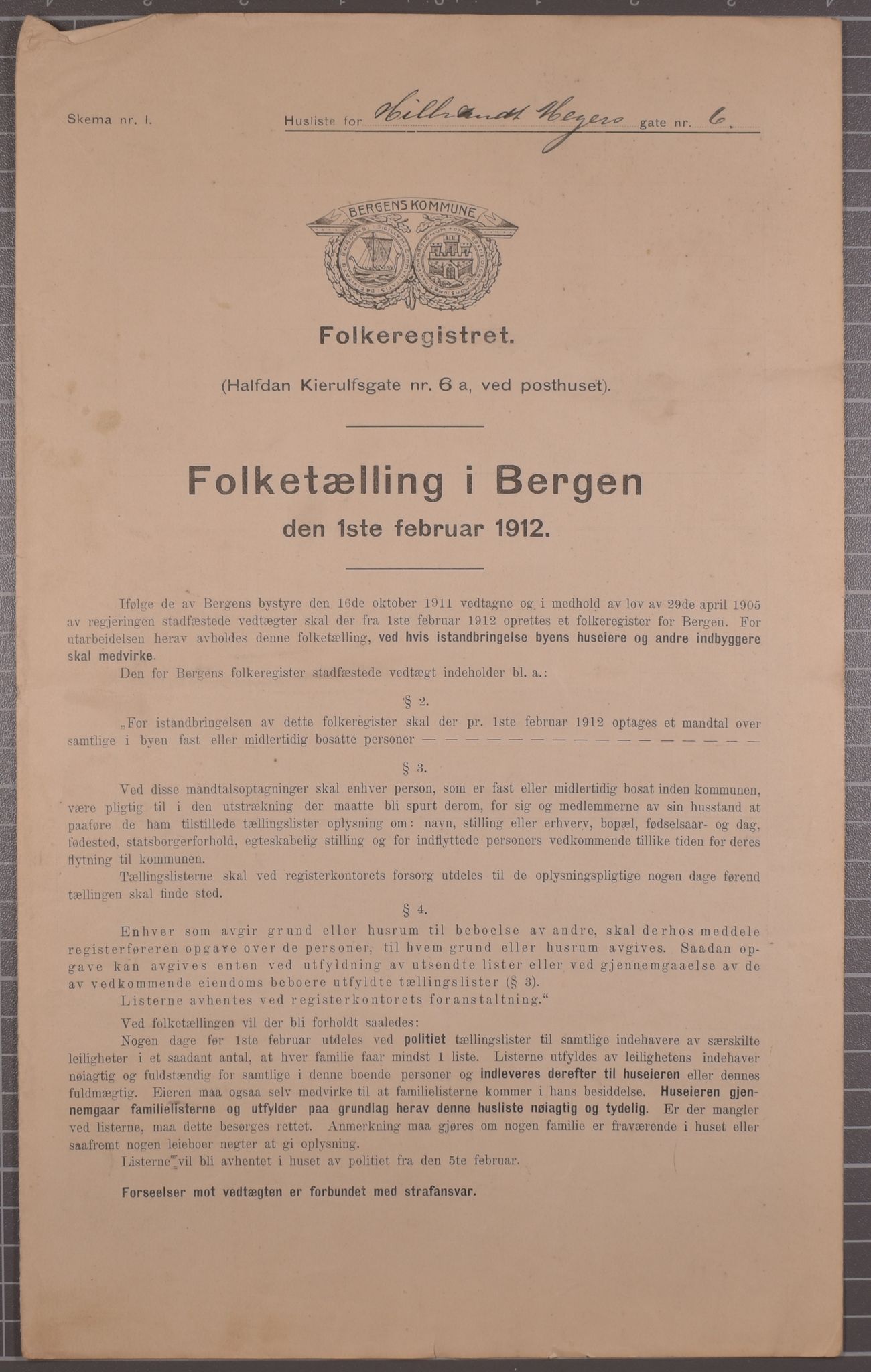 SAB, Municipal Census 1912 for Bergen, 1912, p. 3069