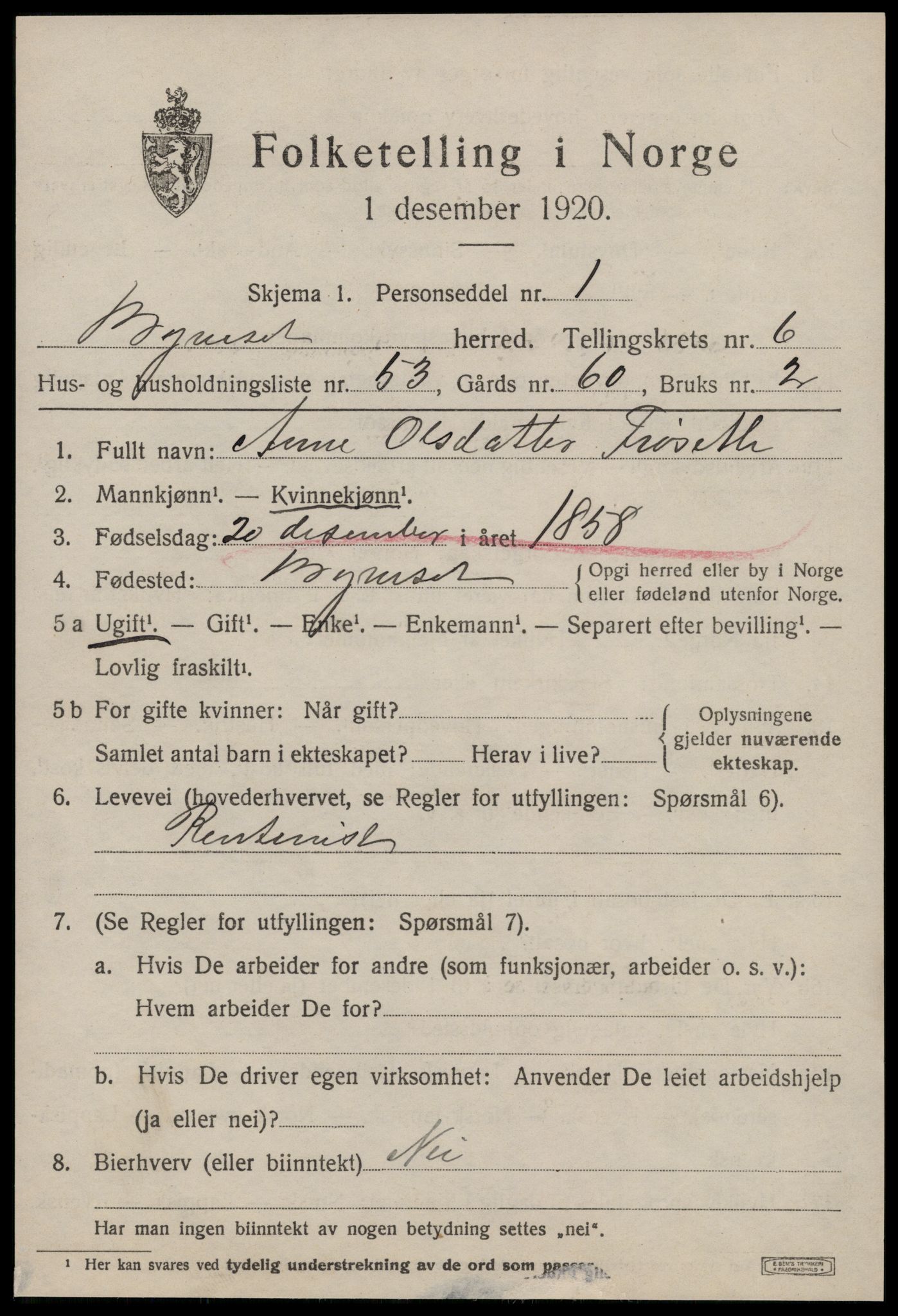 SAT, 1920 census for Byneset, 1920, p. 3462