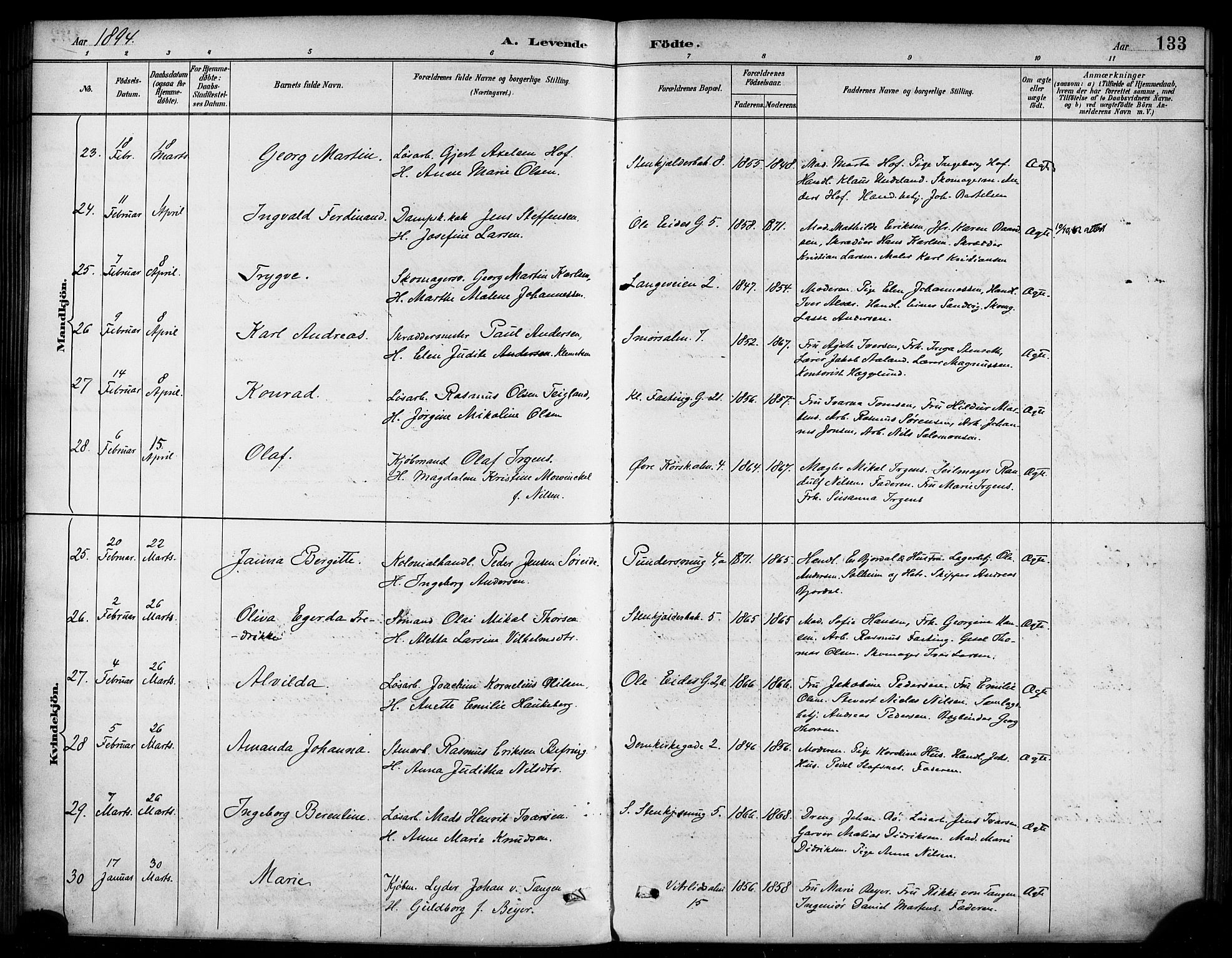 Korskirken sokneprestembete, SAB/A-76101/H/Haa/L0022: Parish register (official) no. B 8, 1889-1899, p. 133