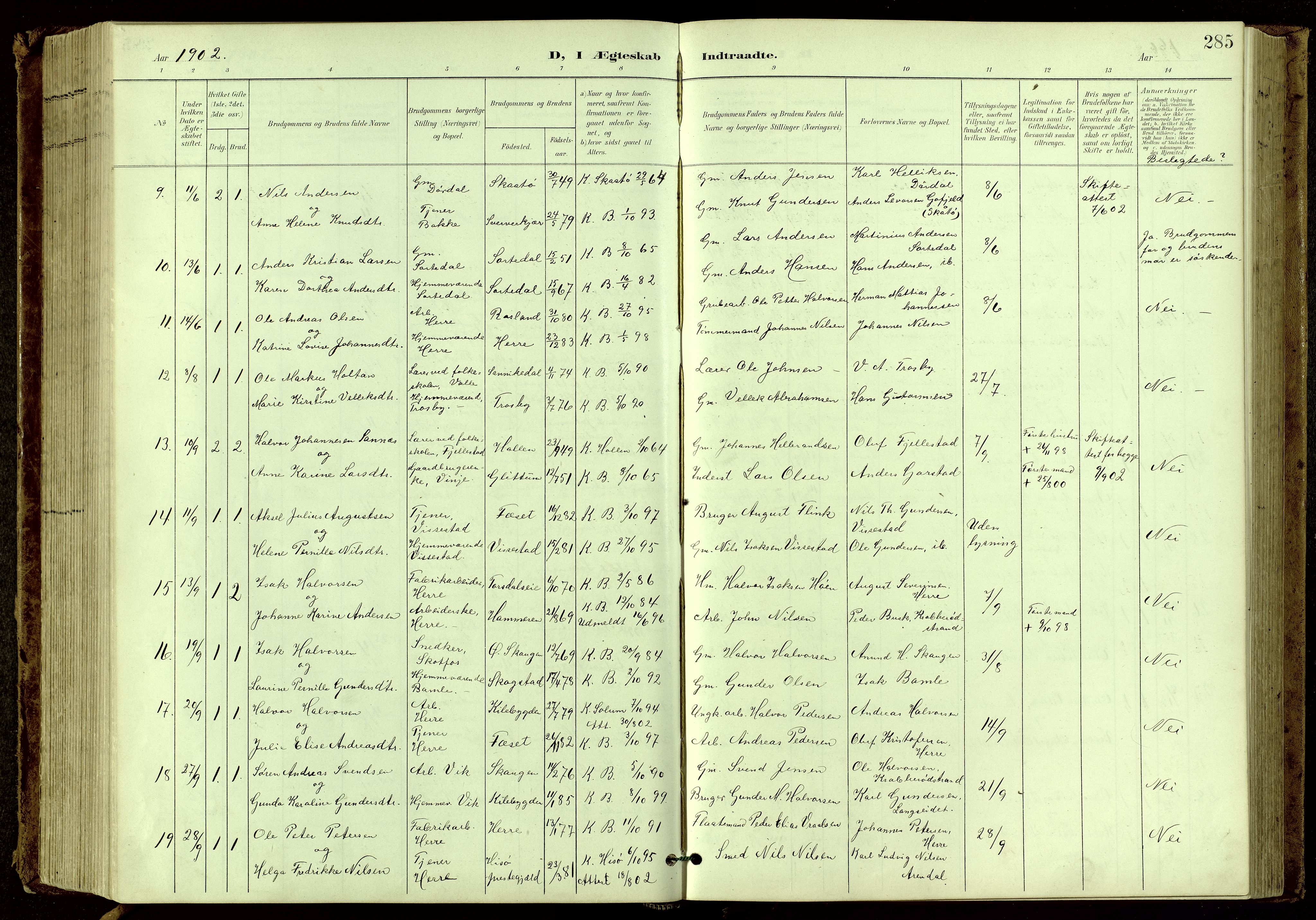 Bamble kirkebøker, SAKO/A-253/G/Ga/L0010: Parish register (copy) no. I 10, 1901-1919, p. 285