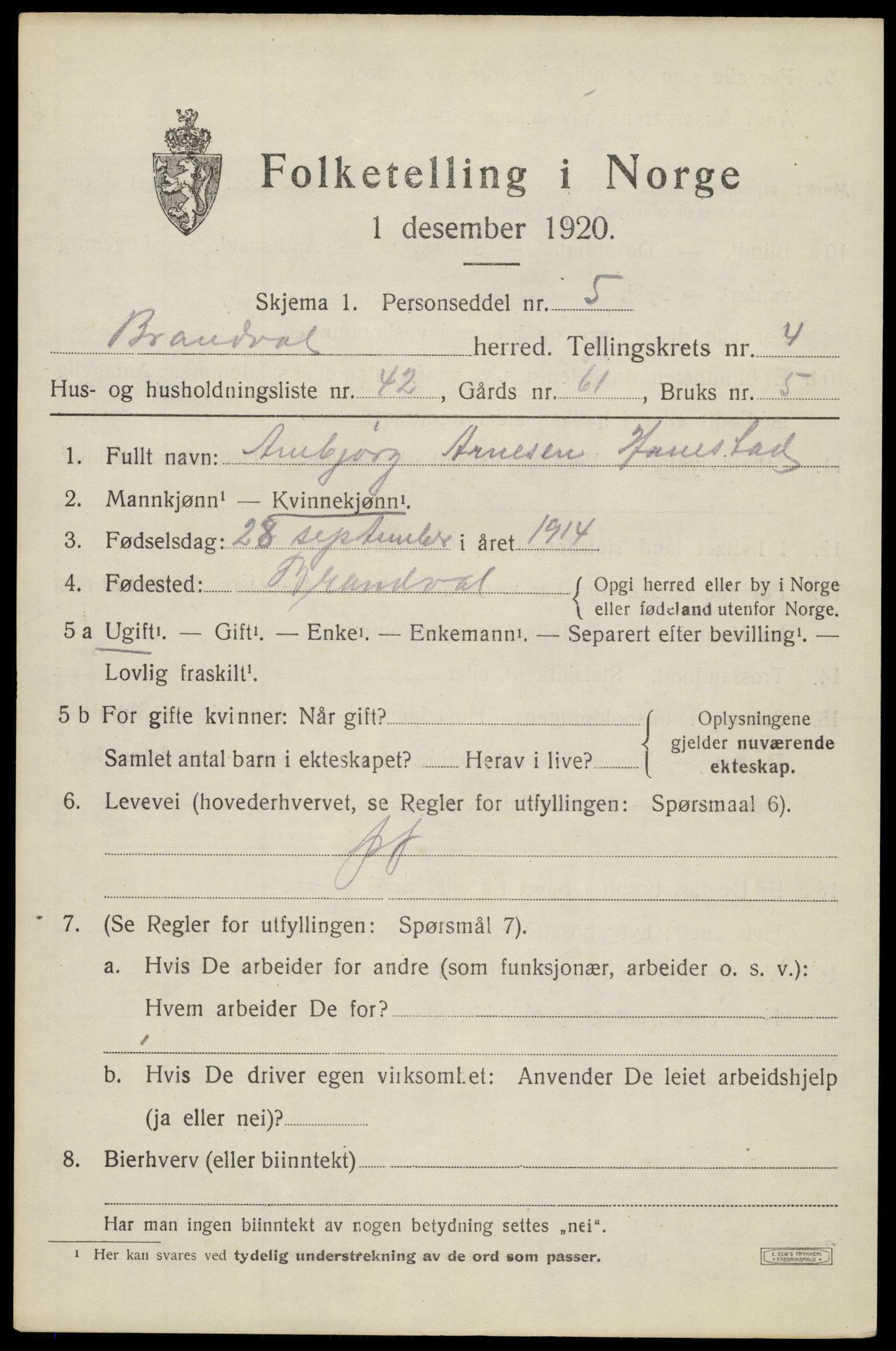 SAH, 1920 census for Brandval, 1920, p. 4250