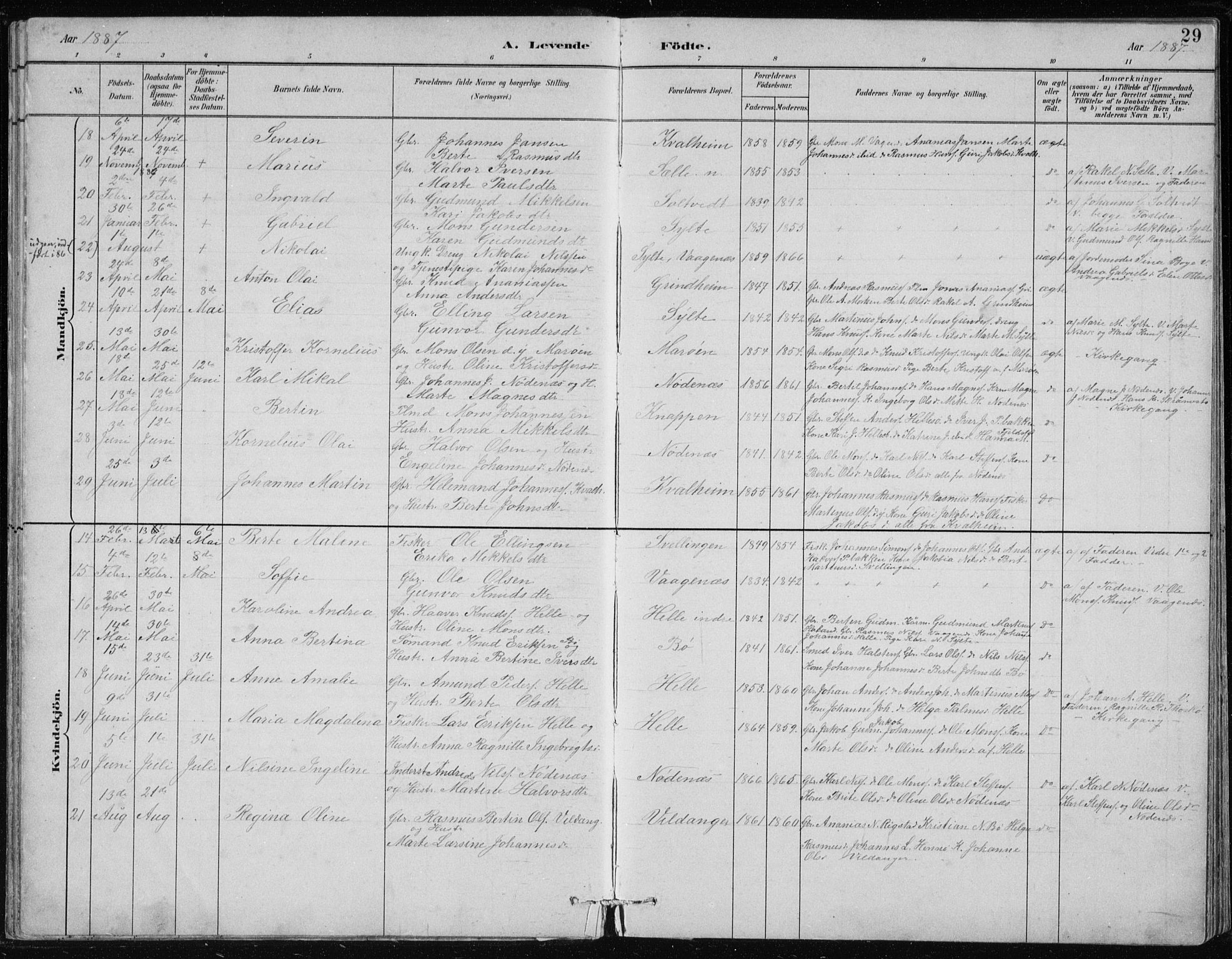 Manger sokneprestembete, AV/SAB-A-76801/H/Hab: Parish register (copy) no. B 2, 1882-1890, p. 29