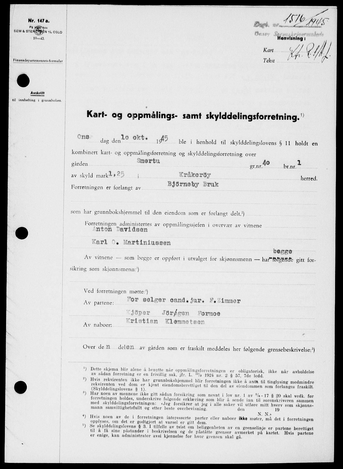 Onsøy sorenskriveri, SAO/A-10474/G/Ga/Gab/L0015: Mortgage book no. II A-15, 1945-1946, Diary no: : 1516/1945