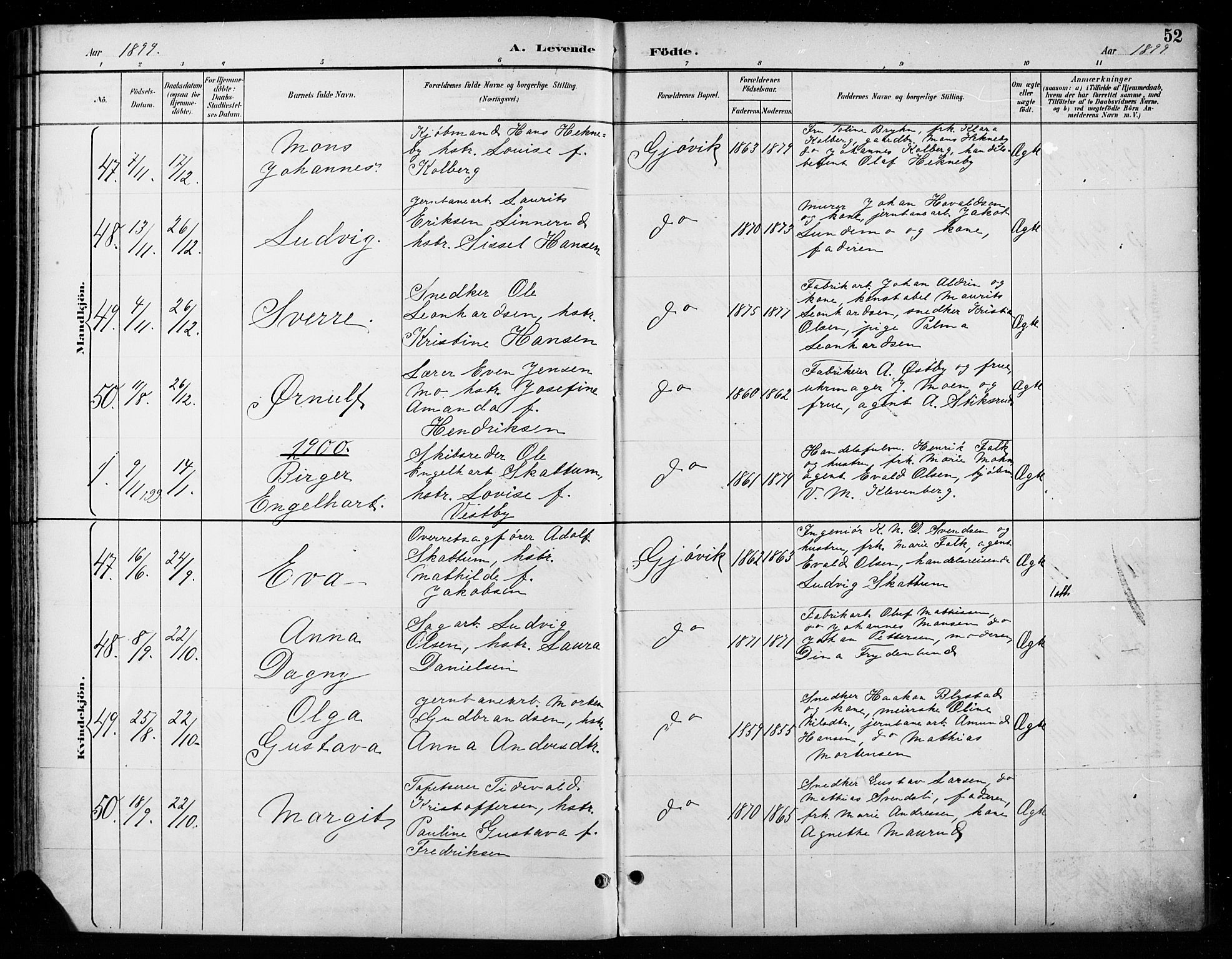Vardal prestekontor, SAH/PREST-100/H/Ha/Haa/L0011: Parish register (official) no. 11, 1891-1901, p. 52