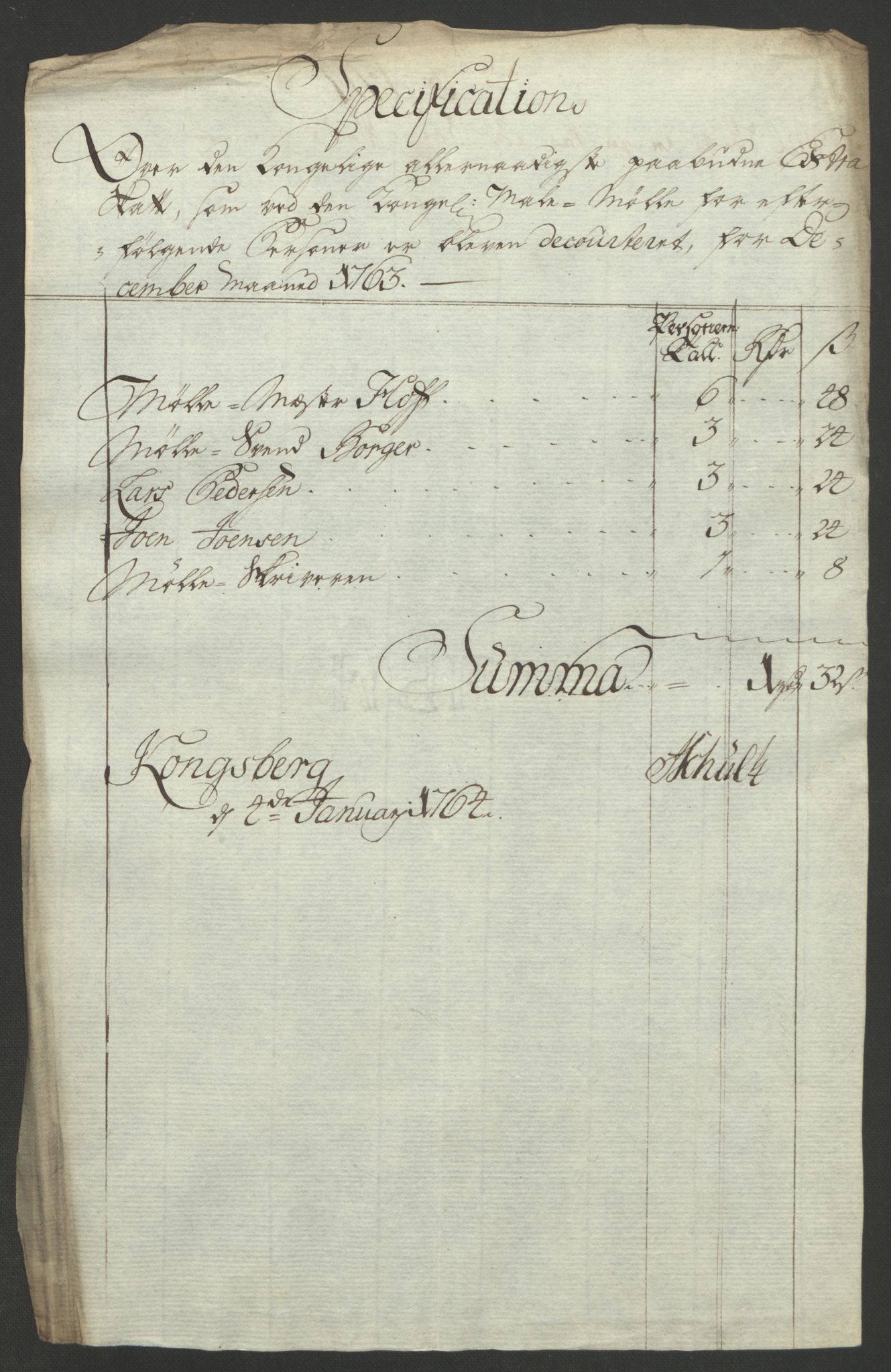 Rentekammeret inntil 1814, Reviderte regnskaper, Bergverksregnskaper, AV/RA-EA-3222/R/Rc/Rca/L0843: Ekstraskatt, 1762-1765, p. 598