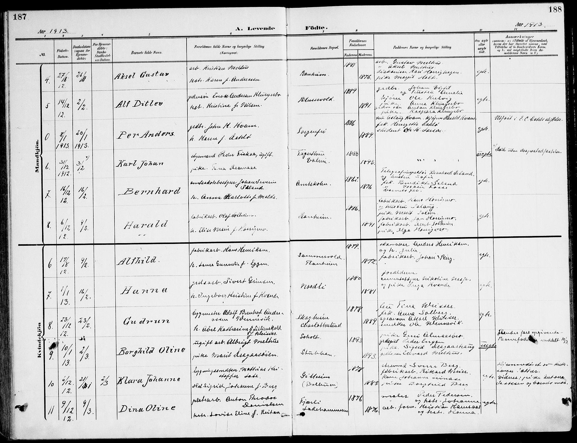 Ministerialprotokoller, klokkerbøker og fødselsregistre - Sør-Trøndelag, SAT/A-1456/607/L0320: Parish register (official) no. 607A04, 1907-1915, p. 187-188