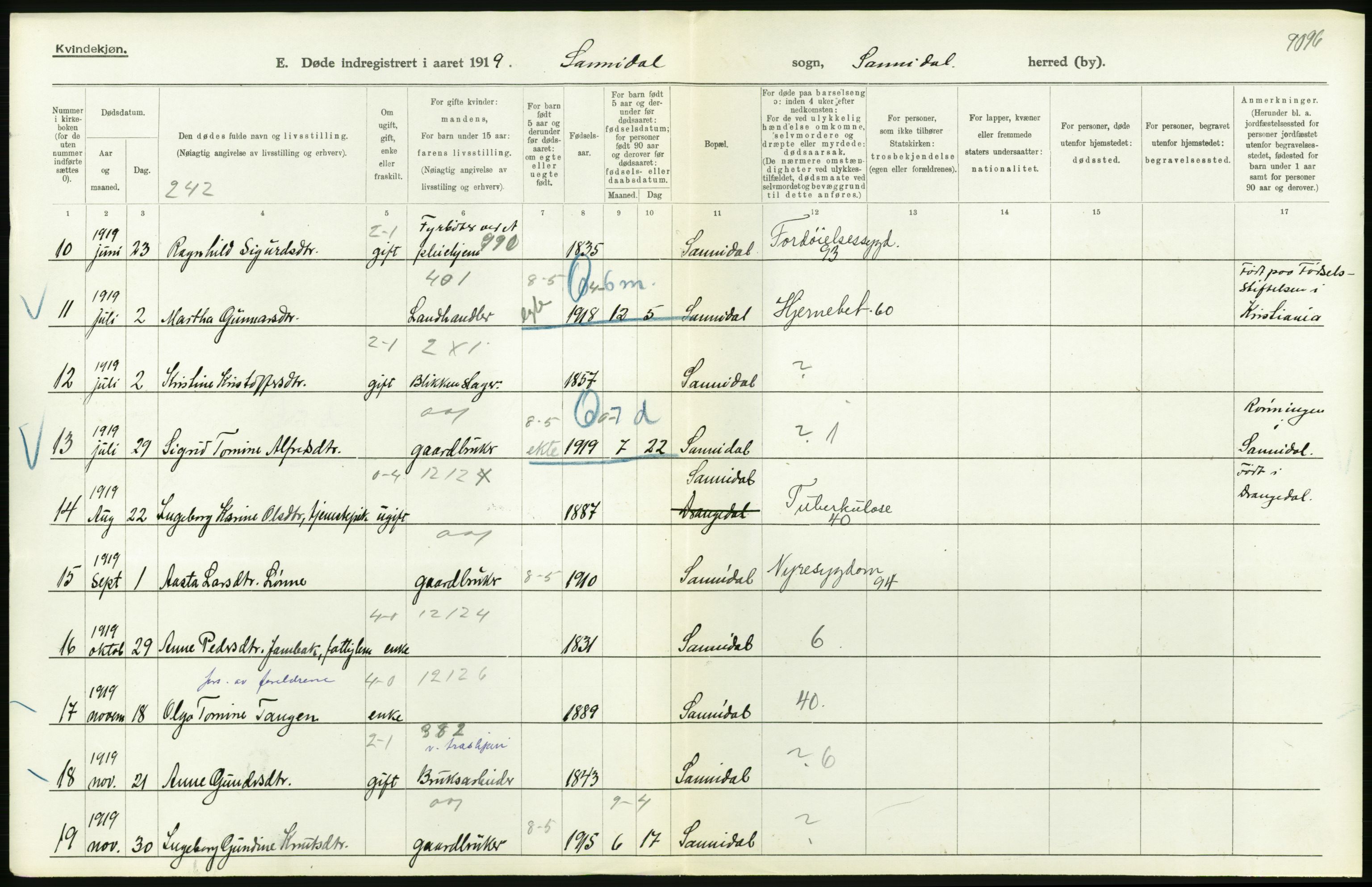 Statistisk sentralbyrå, Sosiodemografiske emner, Befolkning, RA/S-2228/D/Df/Dfb/Dfbi/L0023: Telemark fylke: Døde. Bygder og byer., 1919, p. 194