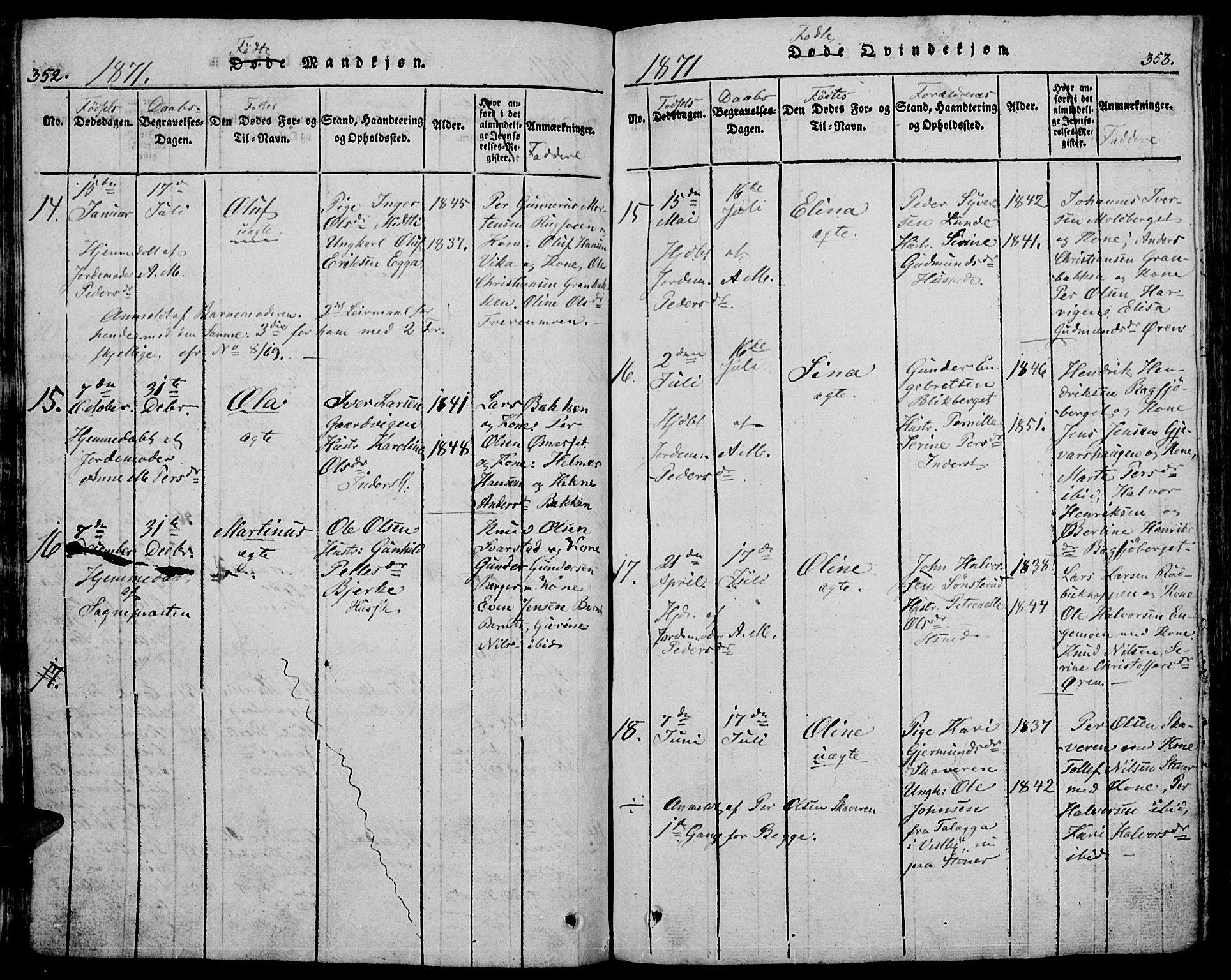 Trysil prestekontor, AV/SAH-PREST-046/H/Ha/Hab/L0005: Parish register (copy) no. 5, 1814-1877, p. 352-353