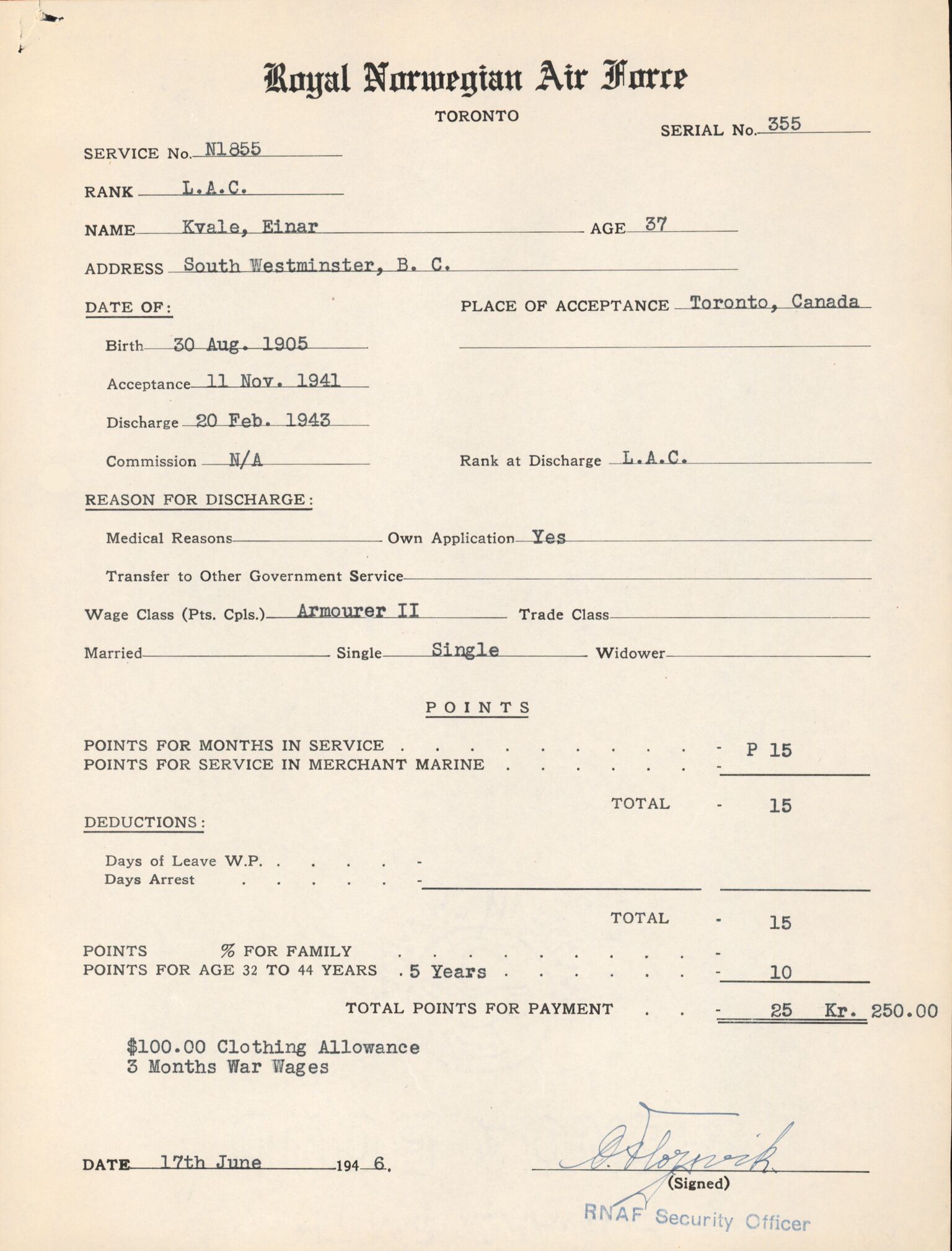 Forsvaret, Forsvarets overkommando/Luftforsvarsstaben, AV/RA-RAFA-4079/P/Pa/L0013: Personellmapper, 1905, p. 356