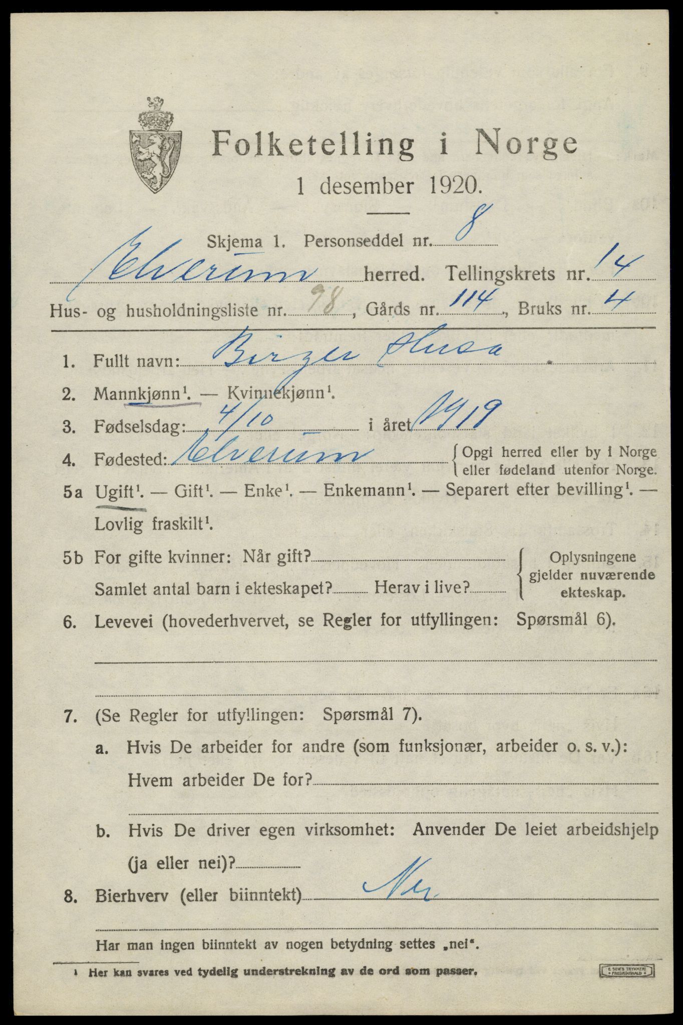 SAH, 1920 census for Elverum, 1920, p. 19246