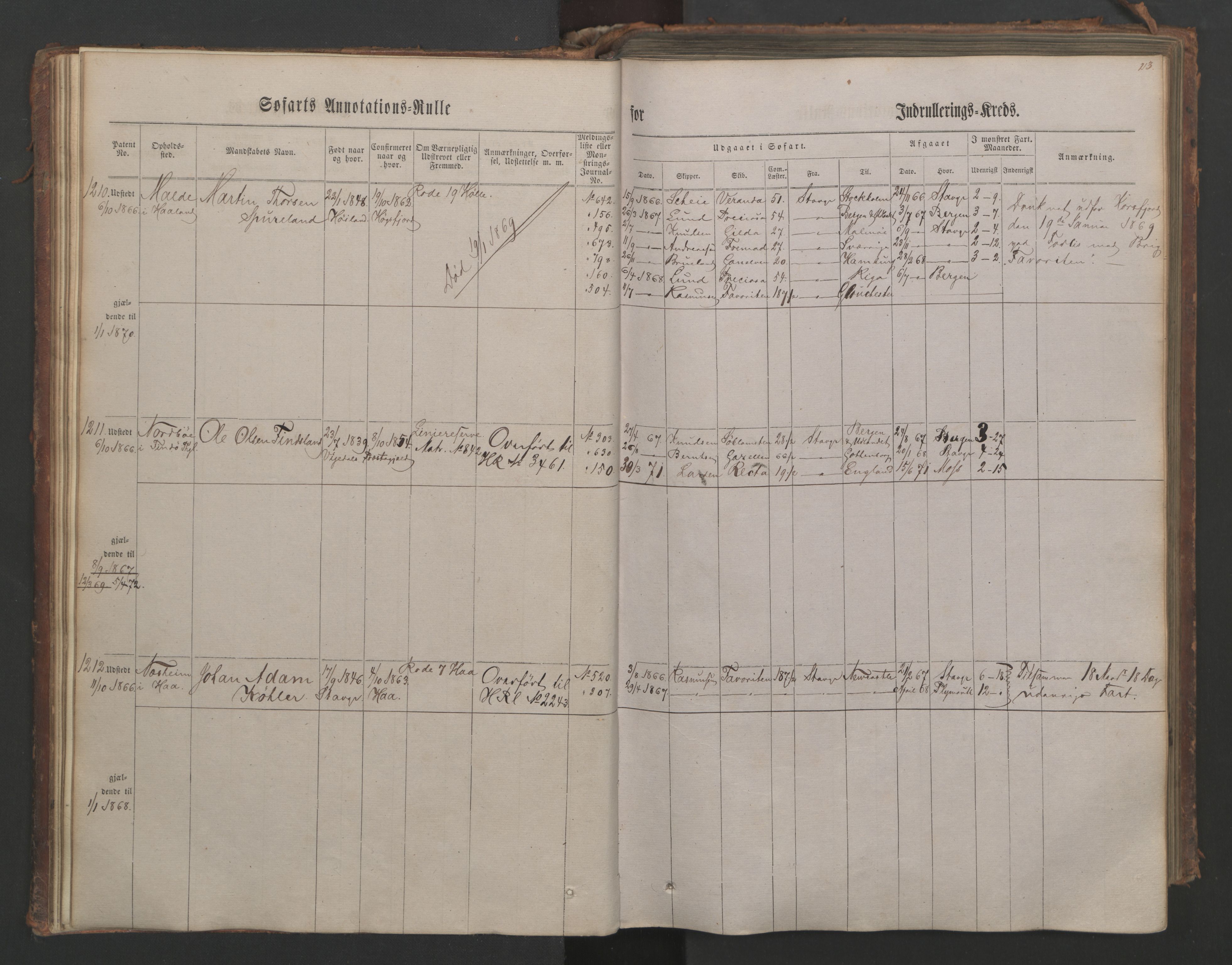 Stavanger sjømannskontor, AV/SAST-A-102006/F/Ff/L0003: Annotasjonsrulle, patentnr. 1144-1761, 1866, p. 31