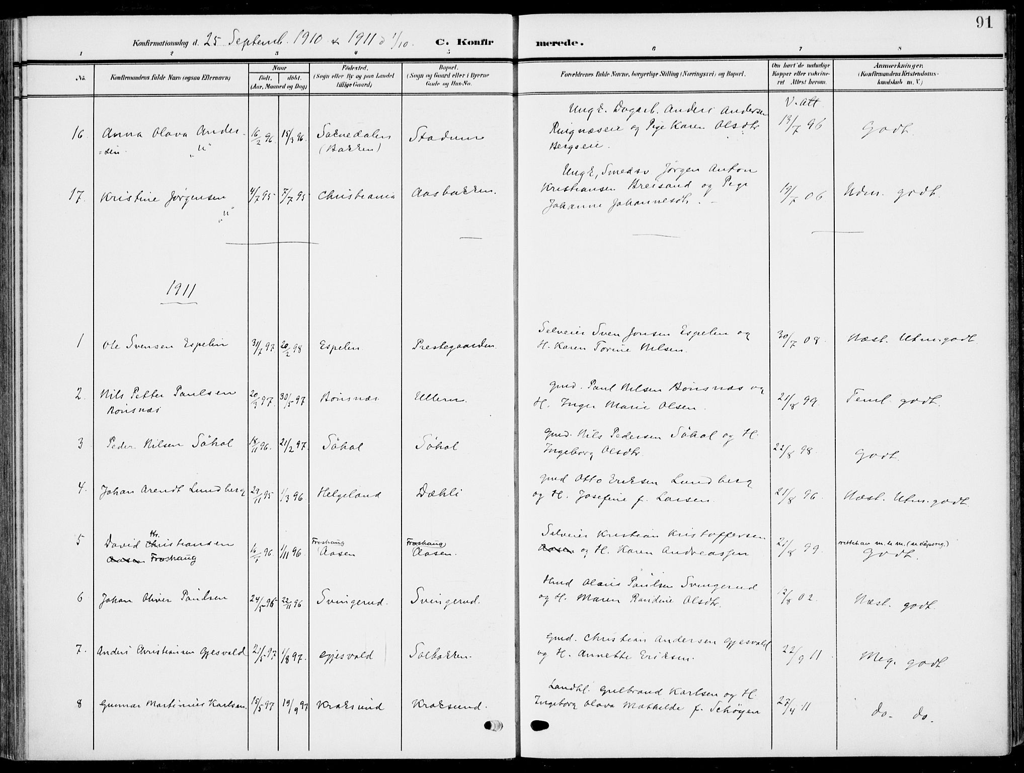 Hole kirkebøker, SAKO/A-228/F/Fa/L0010: Parish register (official) no. I 10, 1907-1917, p. 91