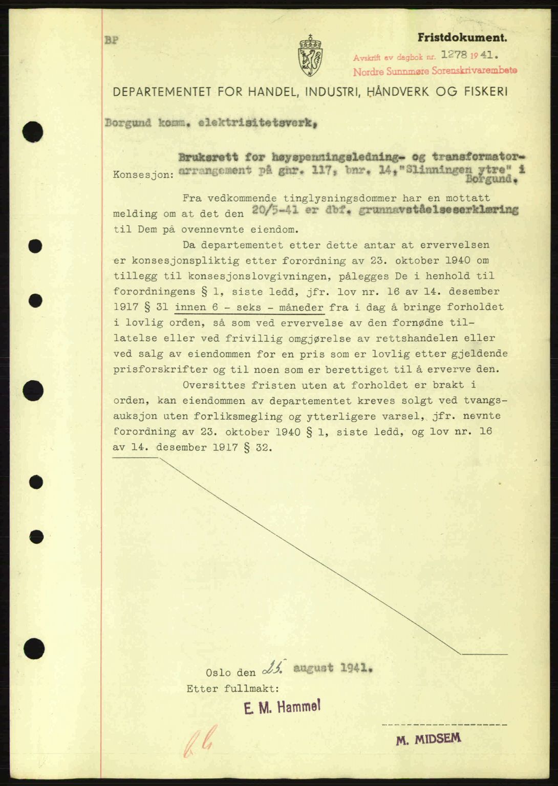 Nordre Sunnmøre sorenskriveri, SAT/A-0006/1/2/2C/2Ca: Mortgage book no. B1-6, 1938-1942, Diary no: : 1278/1941