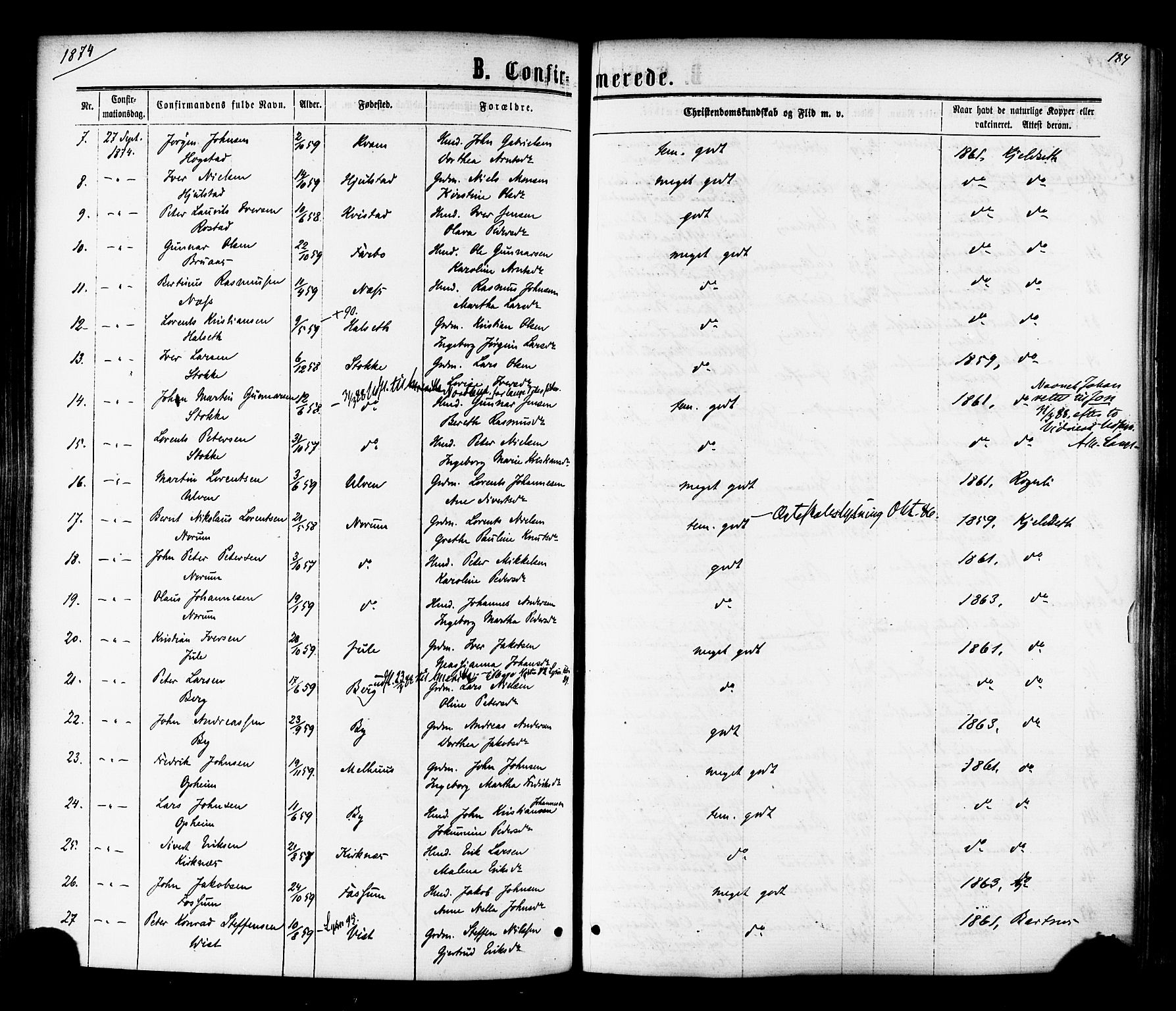 Ministerialprotokoller, klokkerbøker og fødselsregistre - Nord-Trøndelag, SAT/A-1458/730/L0284: Parish register (official) no. 730A09, 1866-1878, p. 184