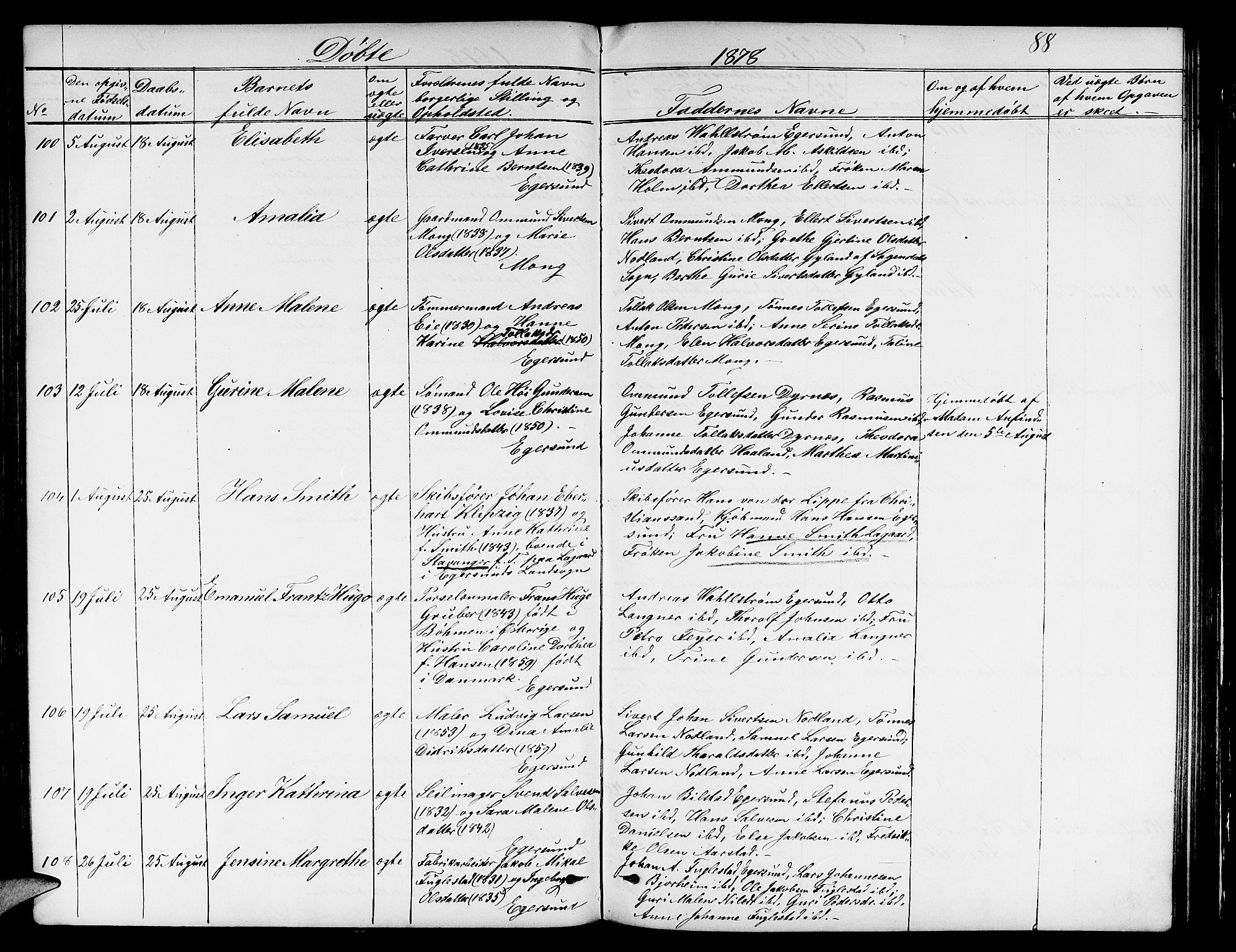 Eigersund sokneprestkontor, AV/SAST-A-101807/S09/L0005: Parish register (copy) no. B 5, 1872-1881, p. 88