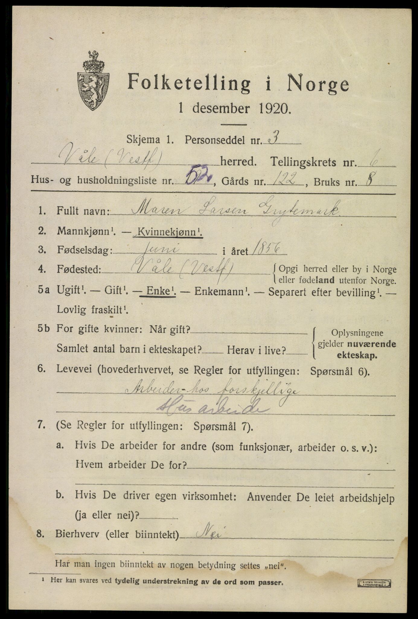 SAKO, 1920 census for Våle, 1920, p. 5482