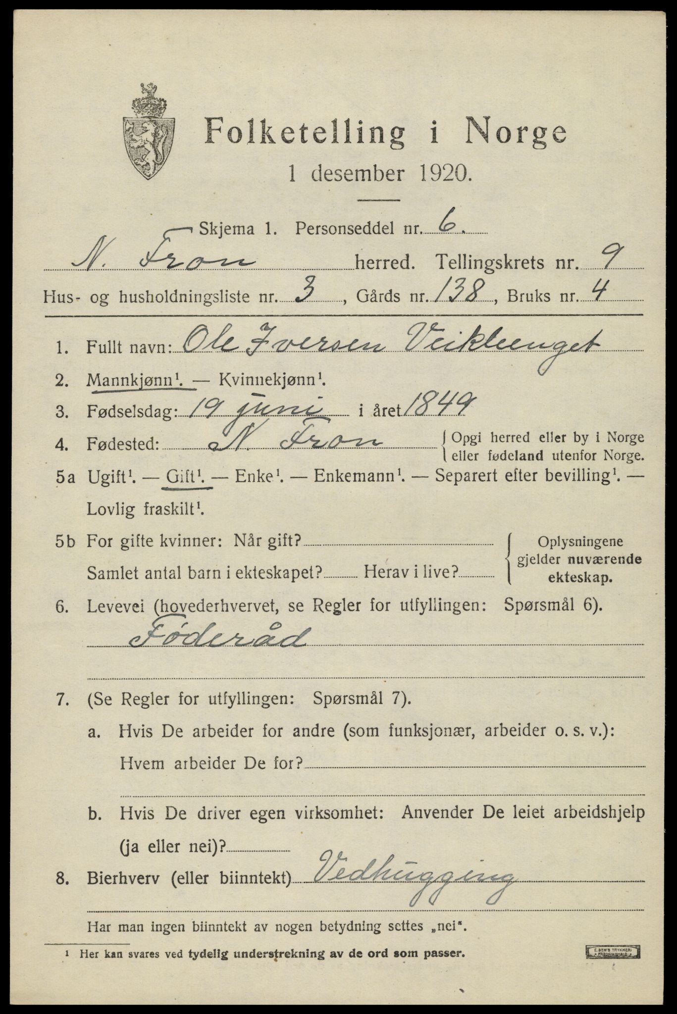 SAH, 1920 census for Nord-Fron, 1920, p. 7502