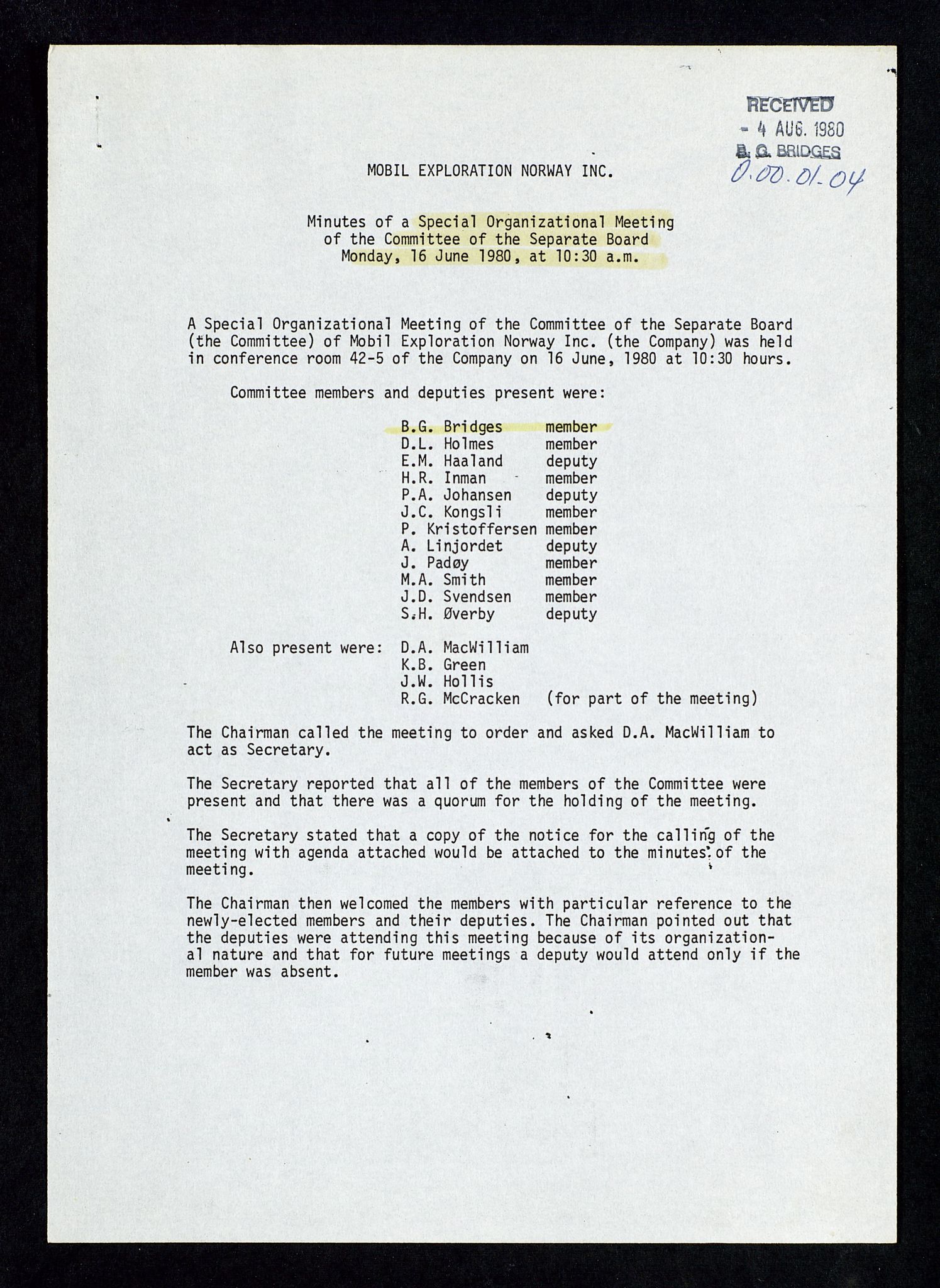 Pa 1578 - Mobil Exploration Norway Incorporated, SAST/A-102024/4/D/Da/L0168: Sak og korrespondanse og styremøter, 1973-1986, p. 21