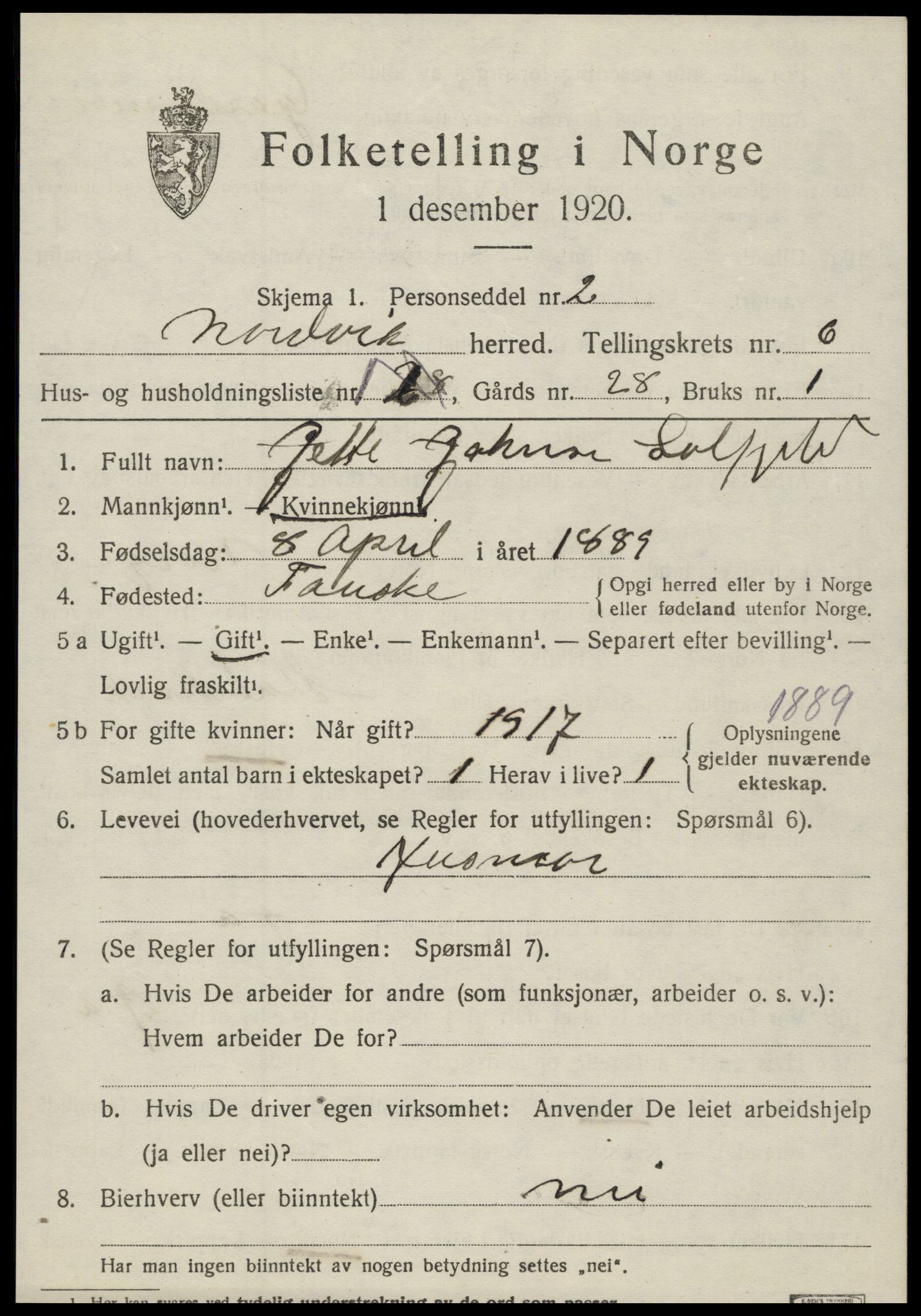 SAT, 1920 census for Nordvik, 1920, p. 2220