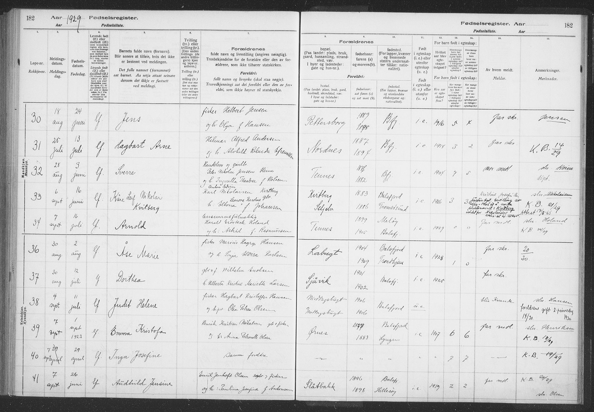 Balsfjord sokneprestembete, AV/SATØ-S-1303/H/Hb/L0059: Birth register no. 59, 1916-1930, p. 182