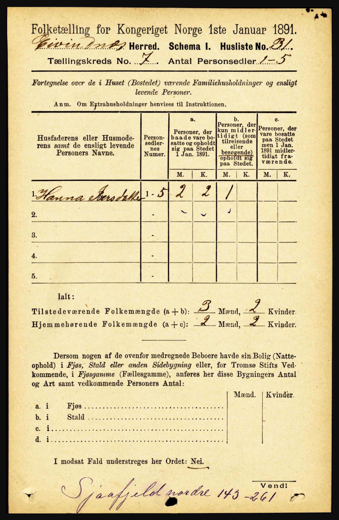 RA, 1891 census for 1853 Evenes, 1891, p. 2152