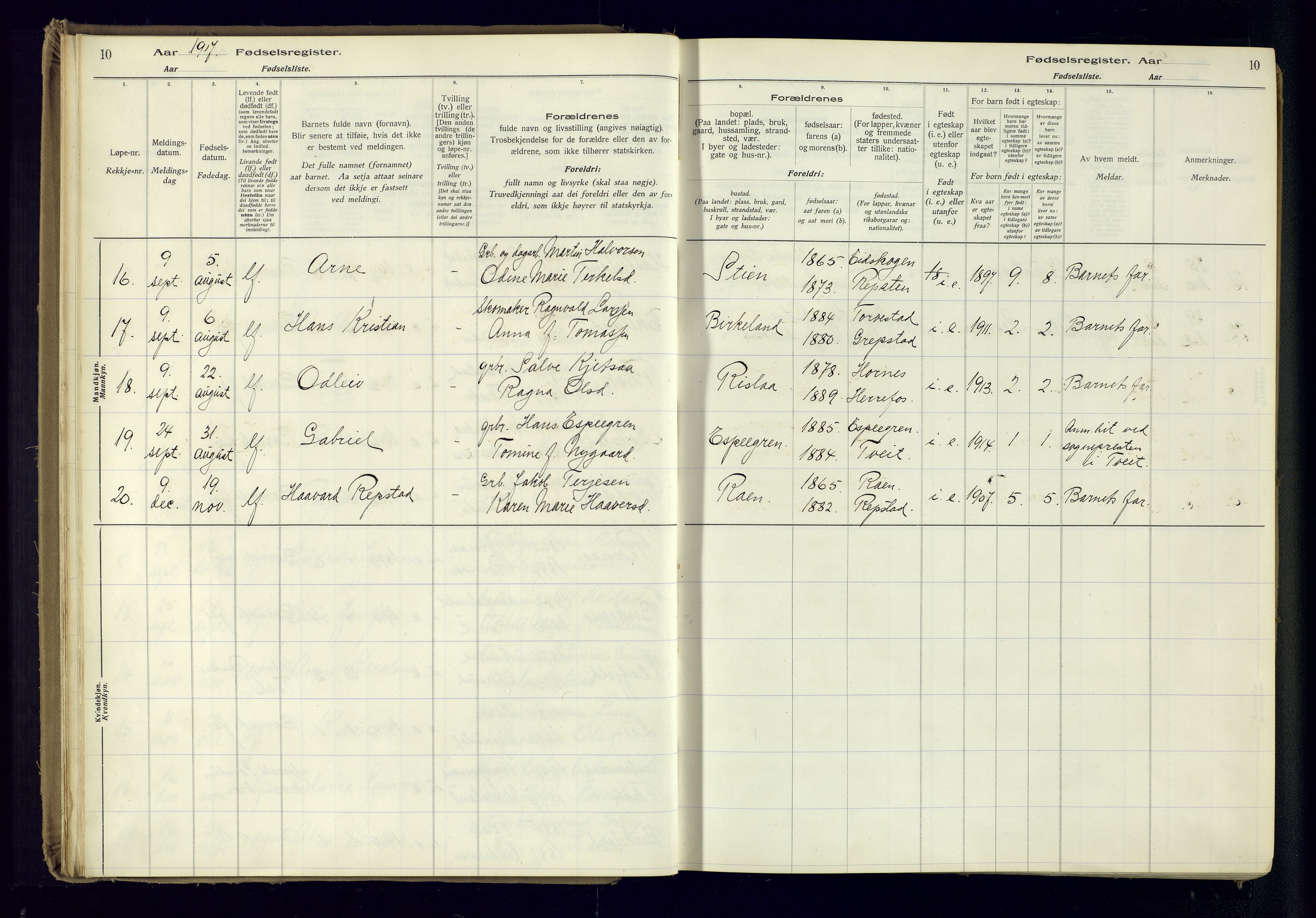 Birkenes sokneprestkontor, SAK/1111-0004/J/Ja/L0001: Birth register no. II.6.4, 1916-1962, p. 10