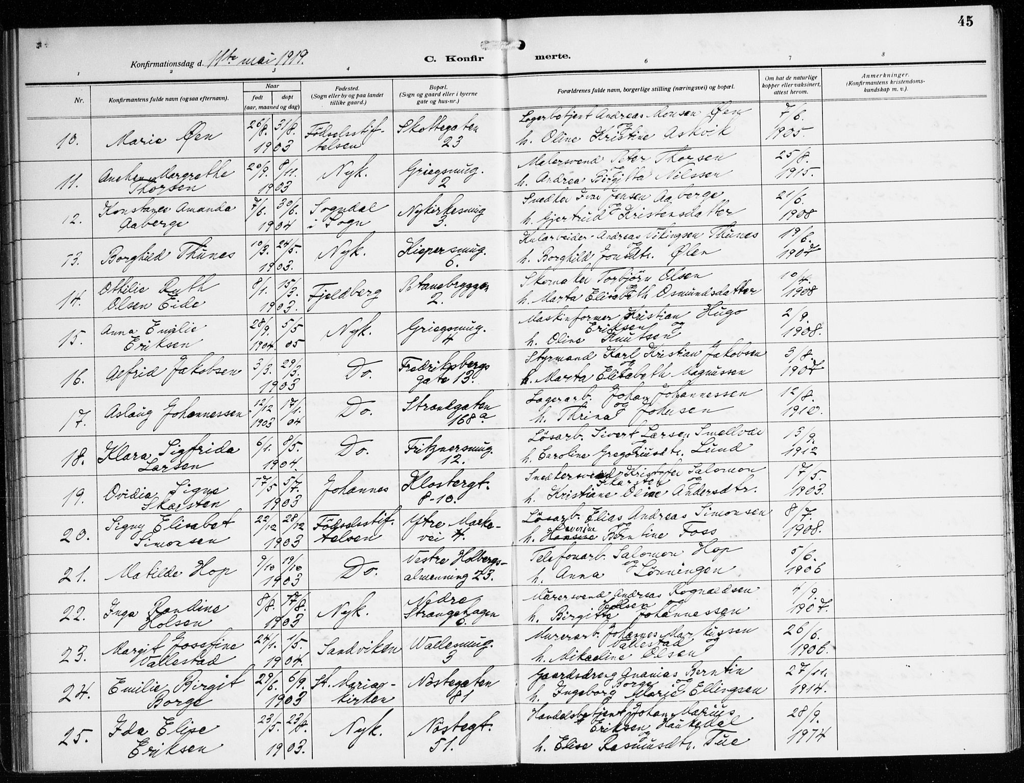 Nykirken Sokneprestembete, SAB/A-77101/H/Haa/L0030: Parish register (official) no. C 9, 1913-1936, p. 45