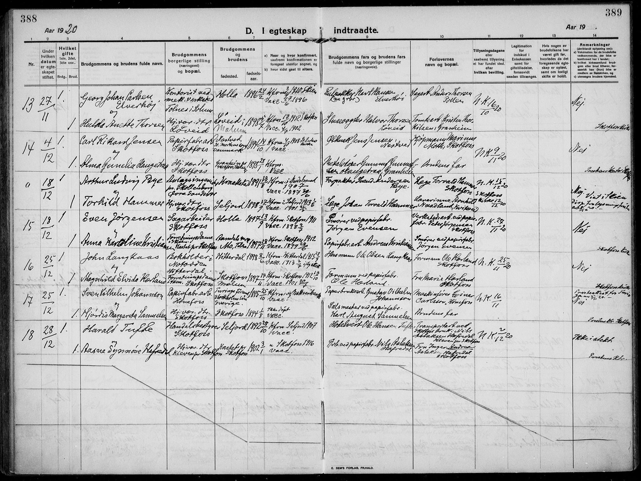 Solum kirkebøker, SAKO/A-306/F/Fb/L0004: Parish register (official) no. II 4, 1913-1924, p. 388-389