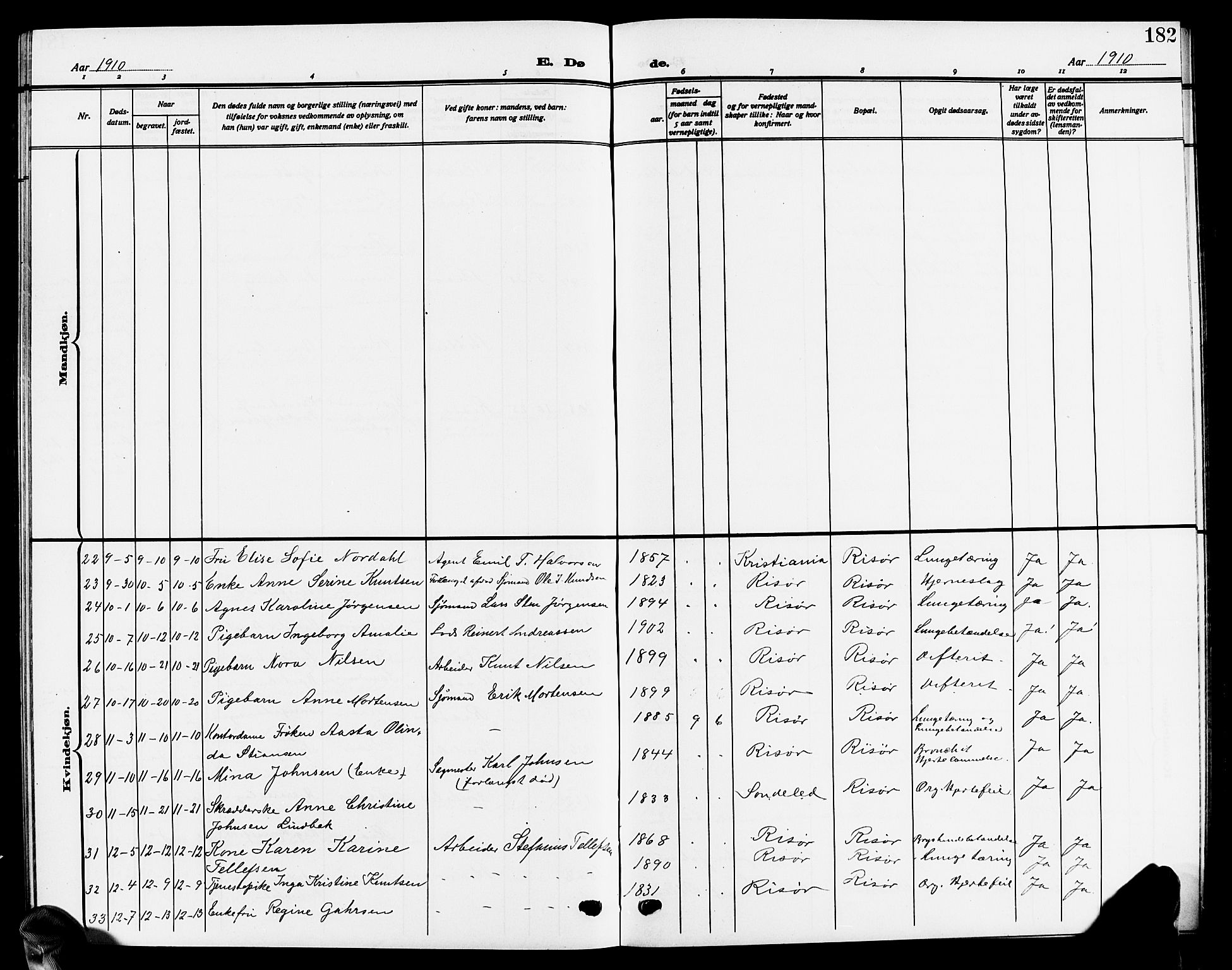 Risør sokneprestkontor, SAK/1111-0035/F/Fb/L0008: Parish register (copy) no. B 8, 1909-1921, p. 182