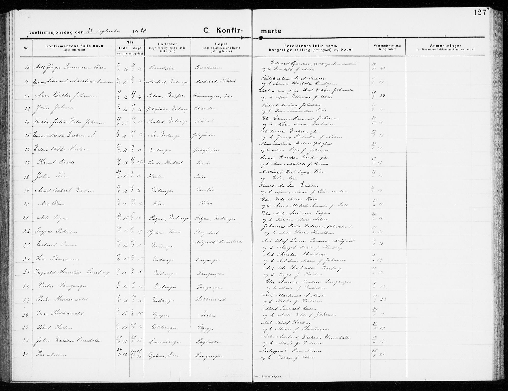 Eidanger kirkebøker, AV/SAKO-A-261/G/Ga/L0005: Parish register (copy) no. 5, 1928-1942, p. 127