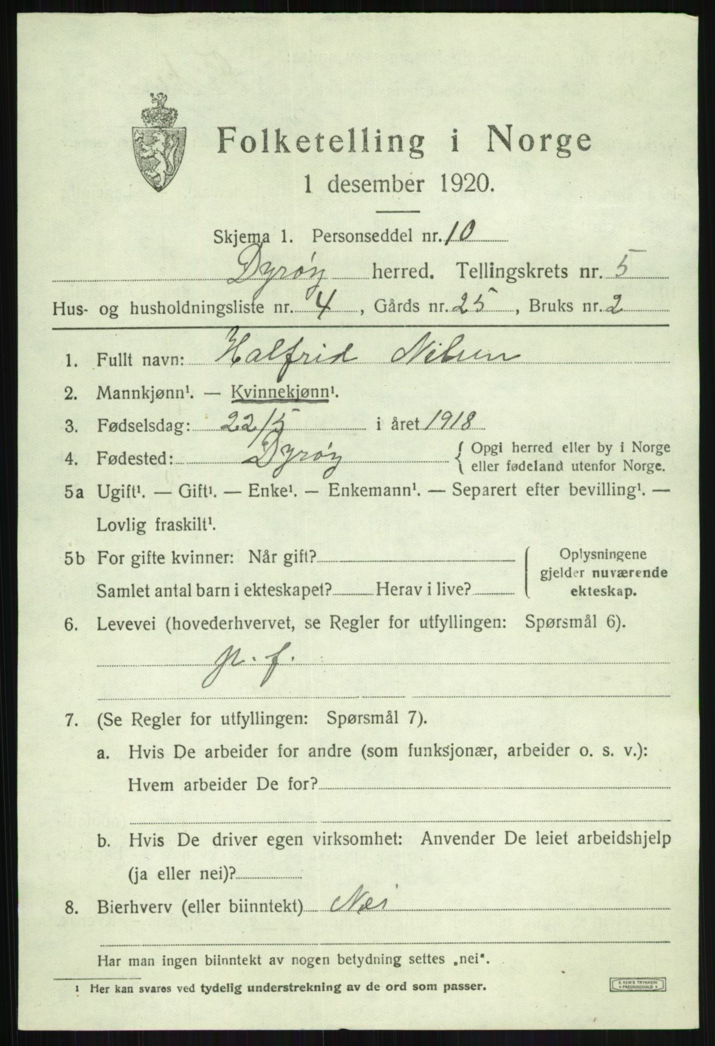 SATØ, 1920 census for Dyrøy, 1920, p. 2767