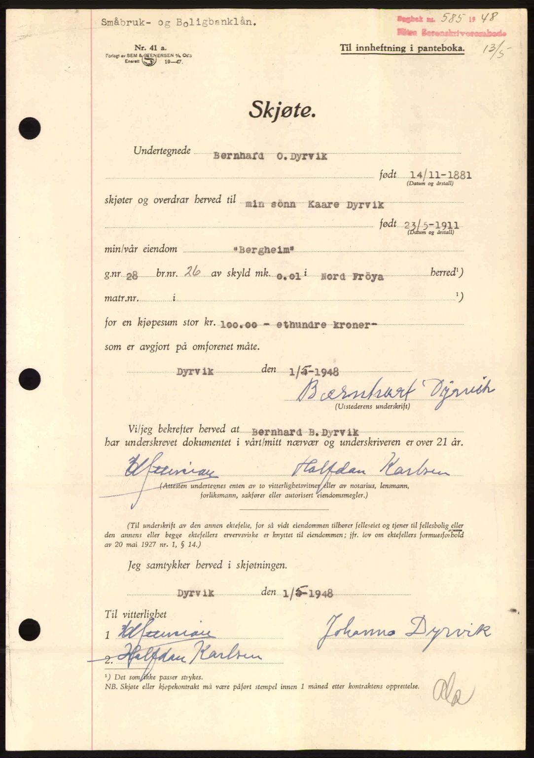 Hitra sorenskriveri, SAT/A-0018/2/2C/2Ca: Mortgage book no. A5, 1947-1948, Diary no: : 585/1948