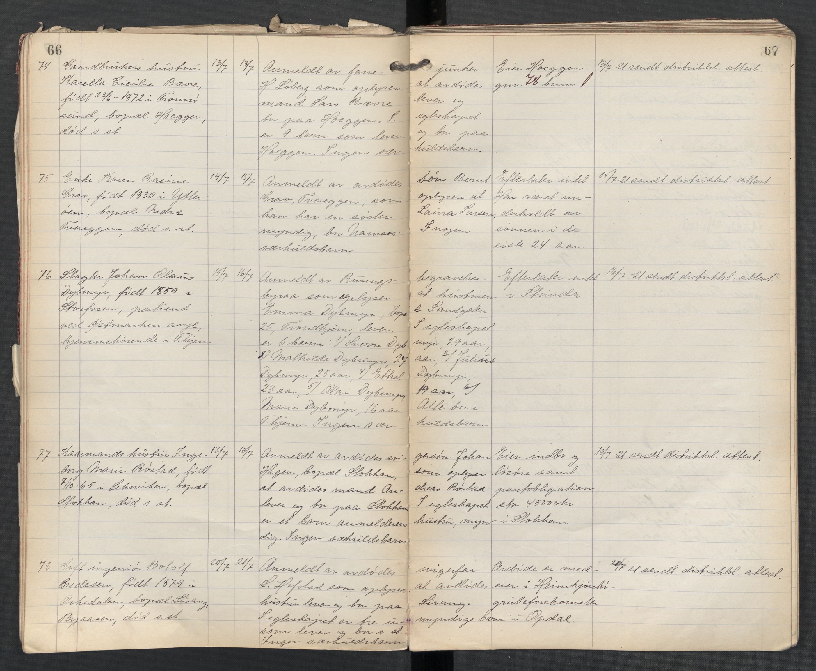 Strinda lensmannskontor, AV/SAT-A-1083/1/02/L0004: 2.01.04 Dødsfallsprotokoll, 1920-1925, p. 66-67