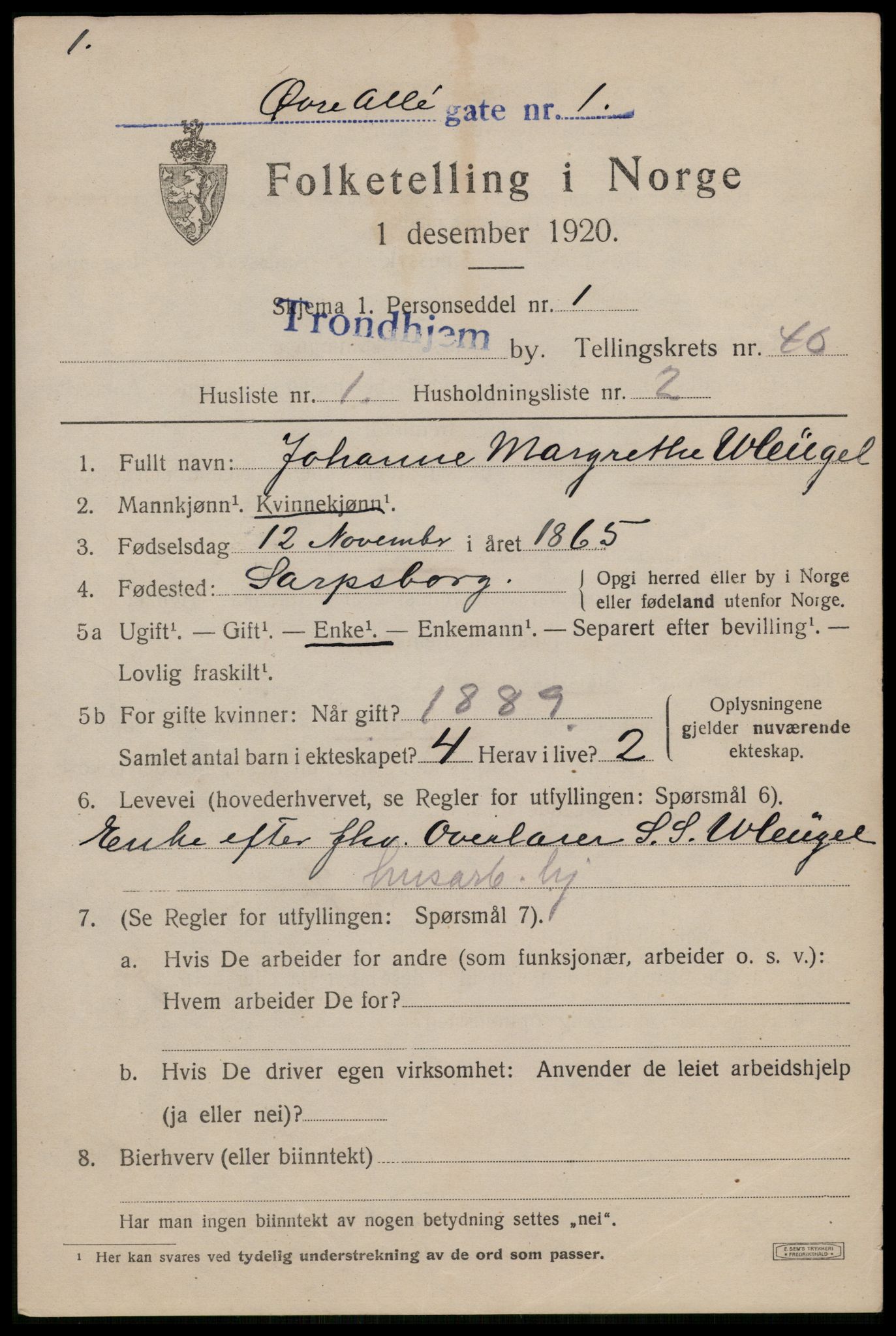 SAT, 1920 census for Trondheim, 1920, p. 89426