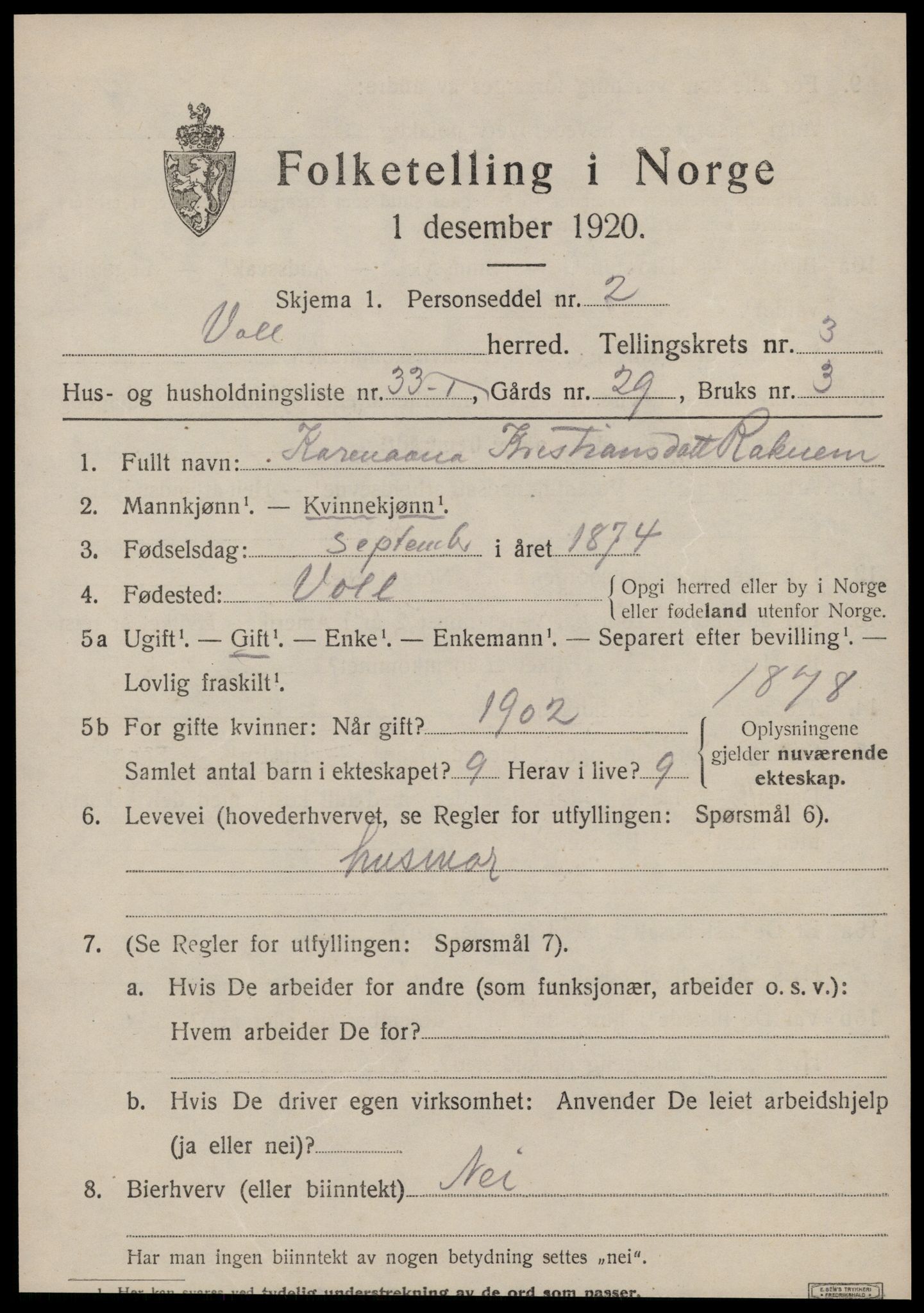 SAT, 1920 census for Voll, 1920, p. 1615