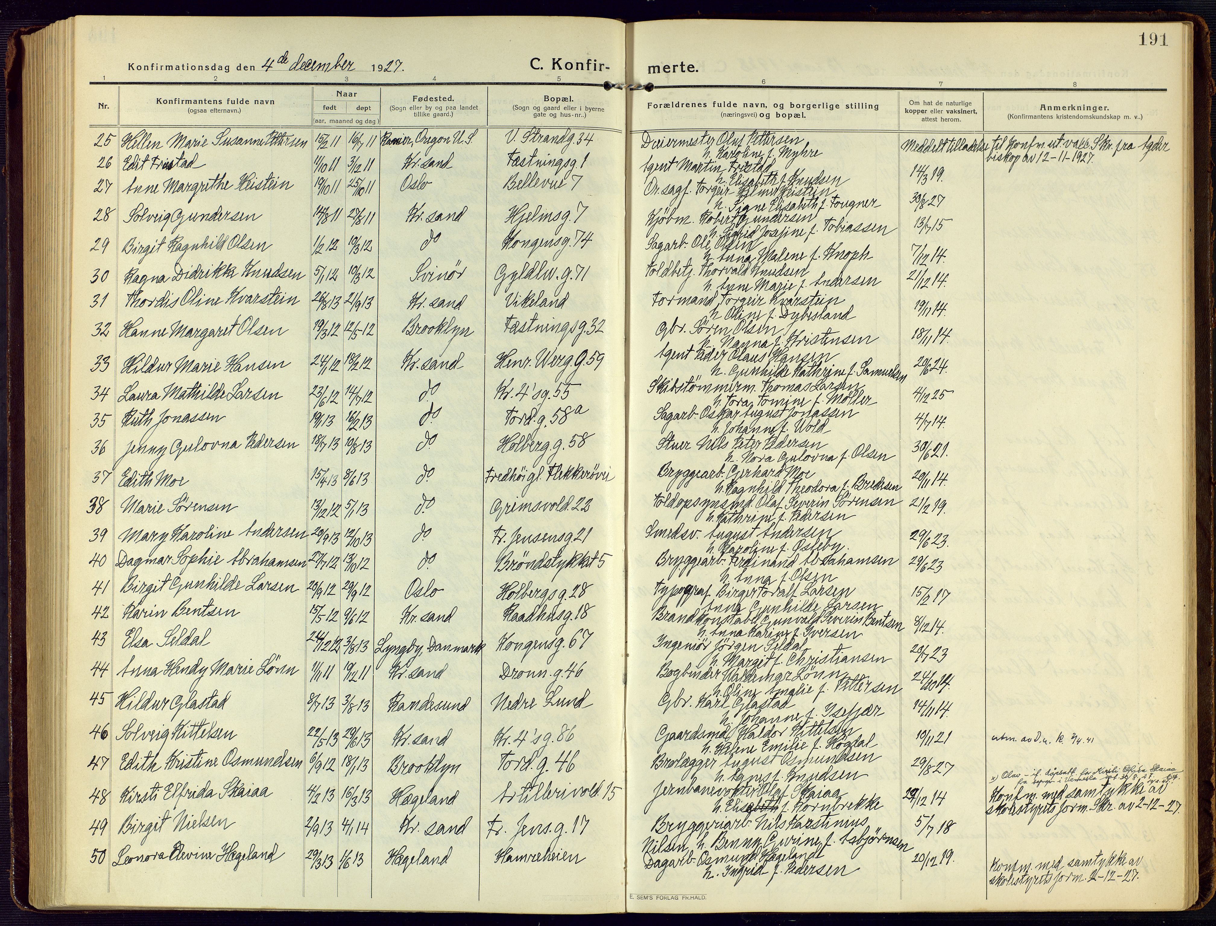 Kristiansand domprosti, SAK/1112-0006/F/Fa/L0026: Parish register (official) no. A 25, 1916-1928, p. 191