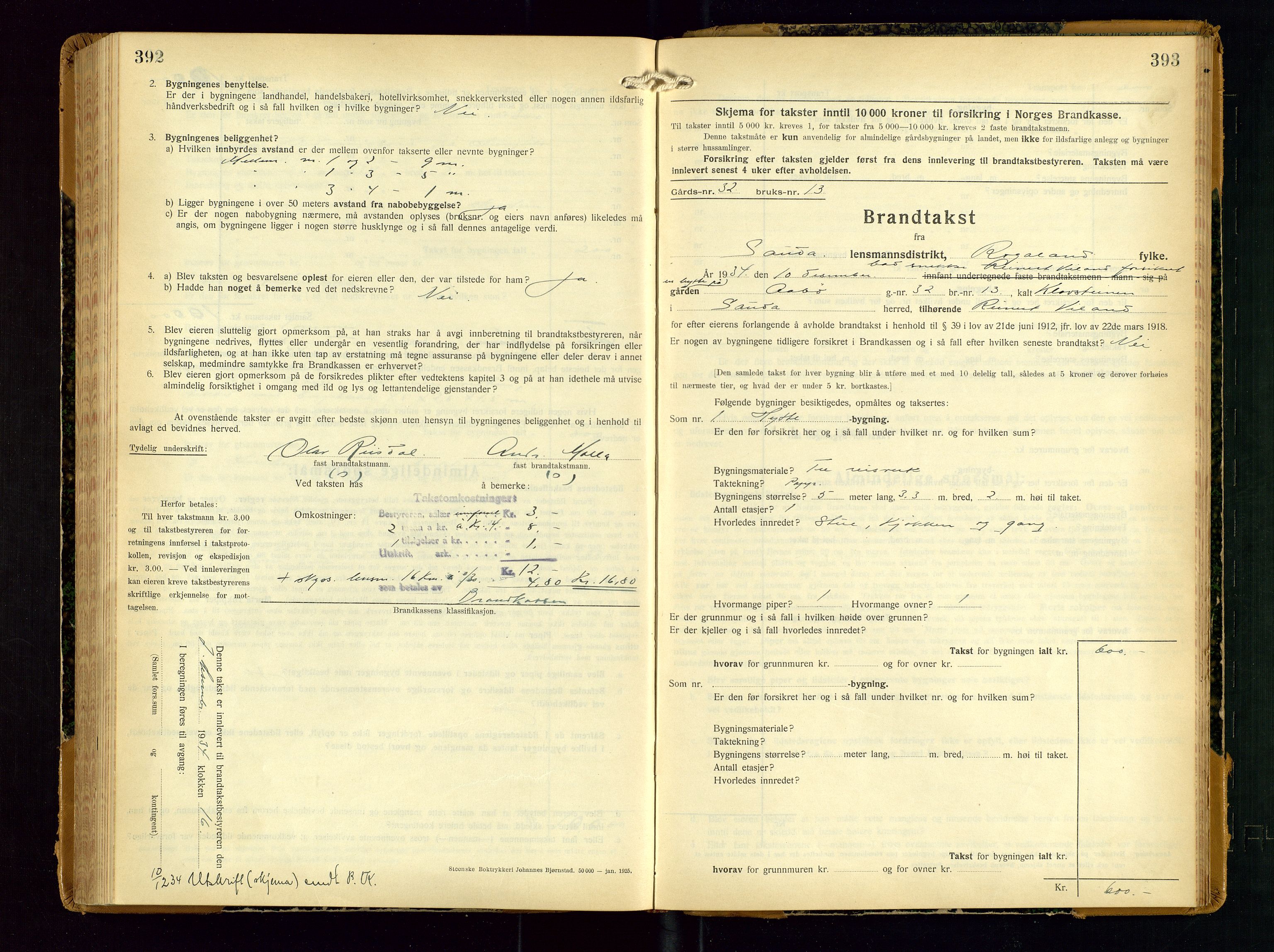 Sauda lensmannskontor, SAST/A-100177/Gob/L0003: Branntakstprotokoll - skjematakst, 1928-1936, p. 392-393