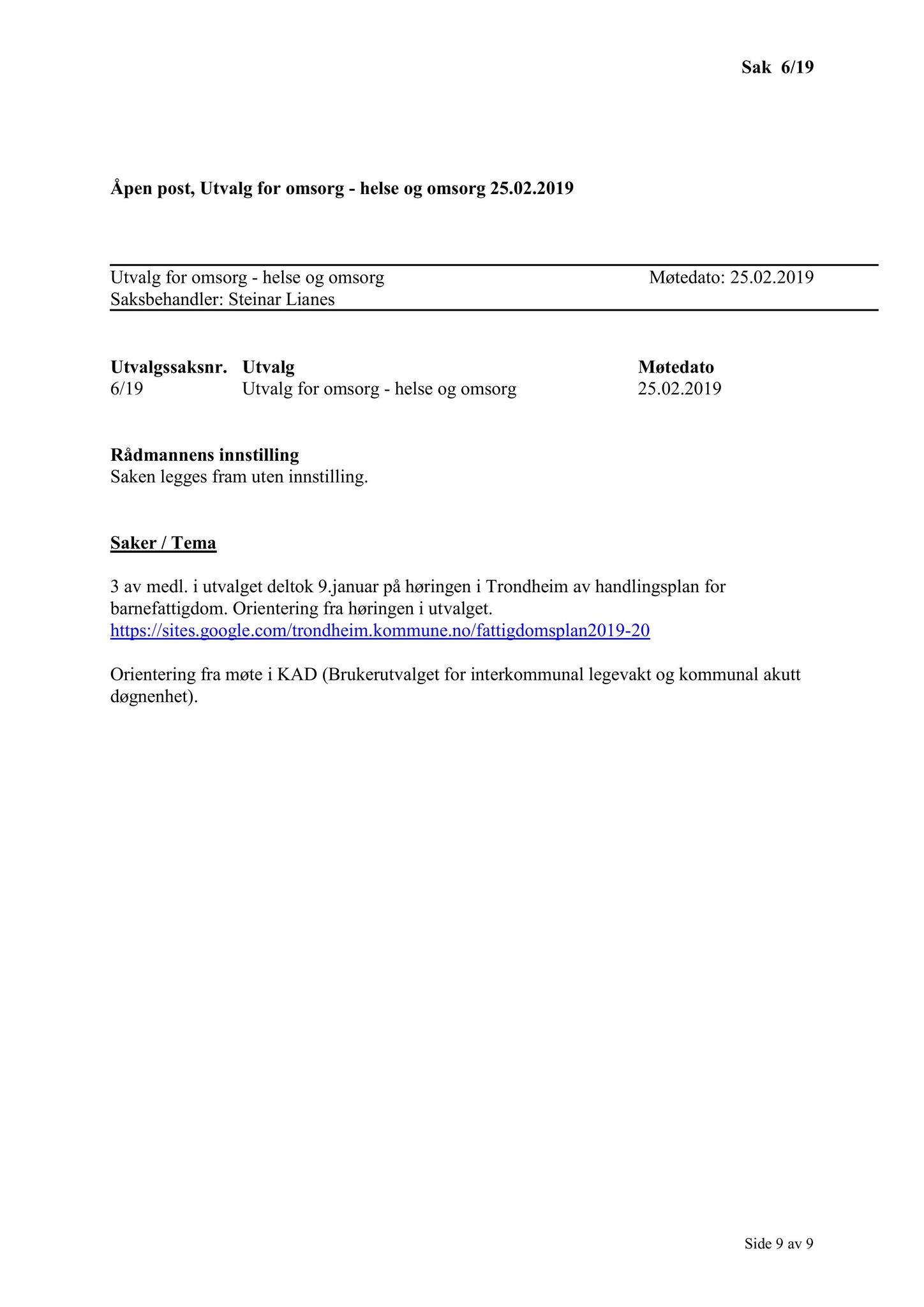Klæbu Kommune, TRKO/KK/05-UOm/L010: Utvalg for omsorg - Møtedokumenter, 2019, p. 27