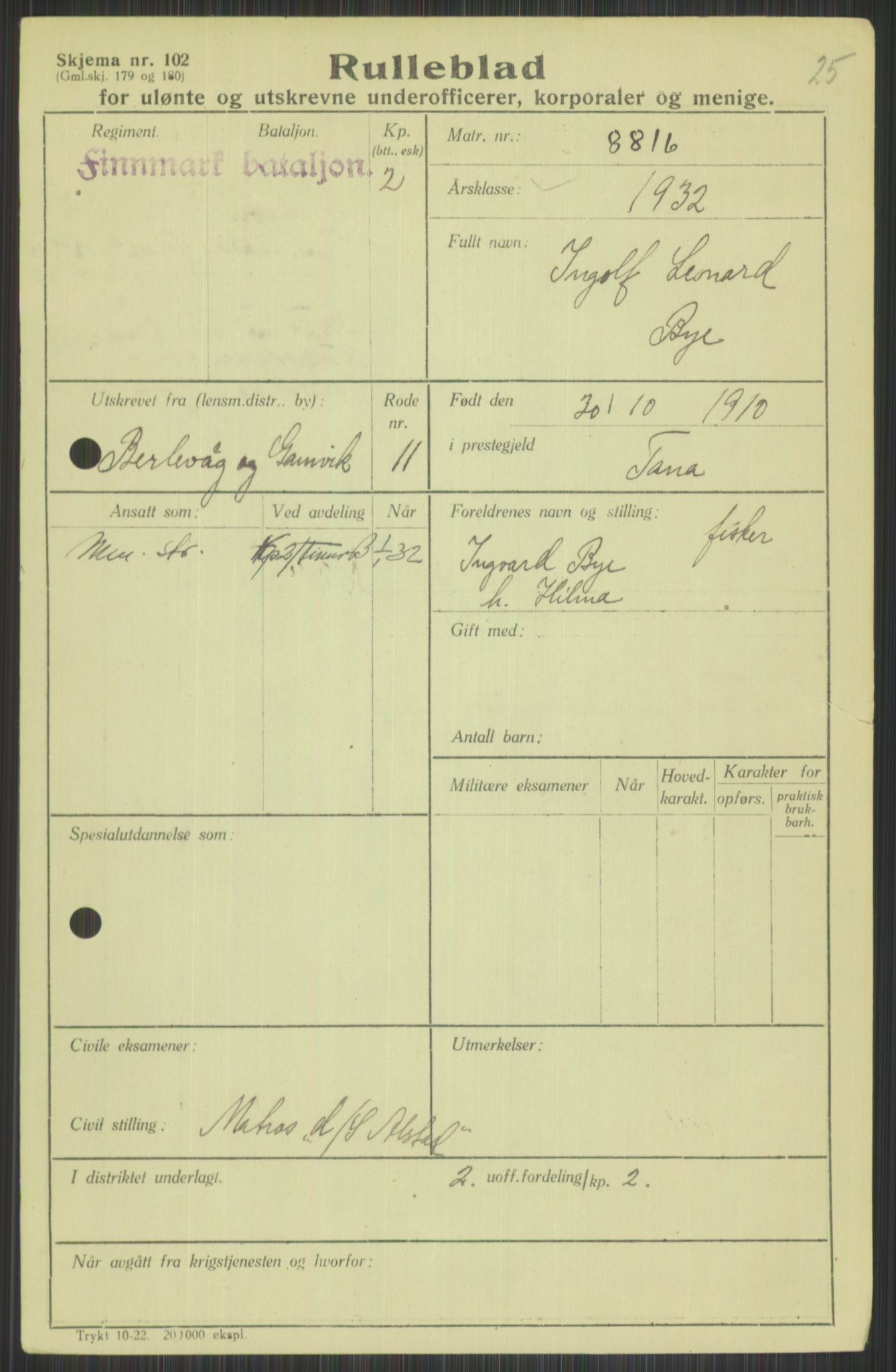 Forsvaret, Varanger bataljon, AV/RA-RAFA-2258/1/D/L0440: Rulleblad for fødte 1892-1912, 1892-1912, p. 1043